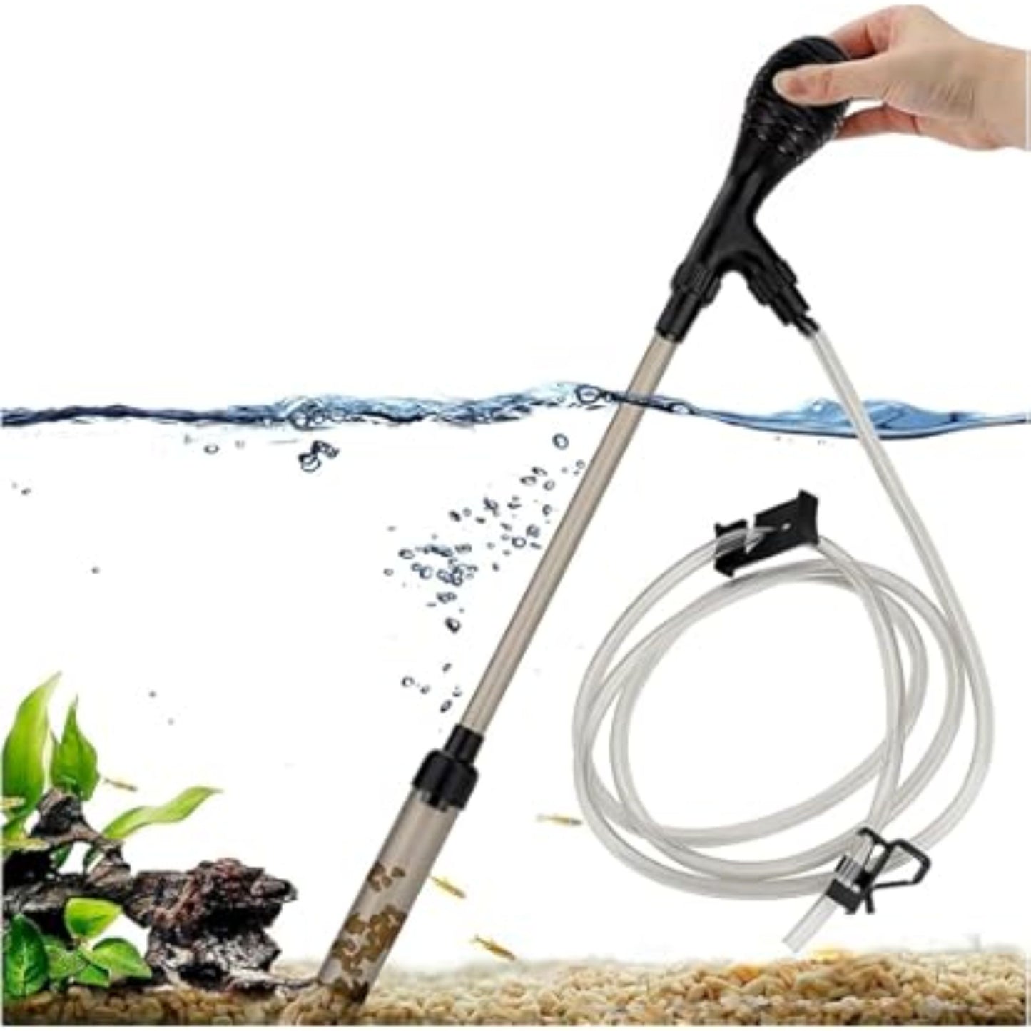 Aquarium cleaning tool with hose and hand holding it over water, with aquarium plants and substrate in the background.