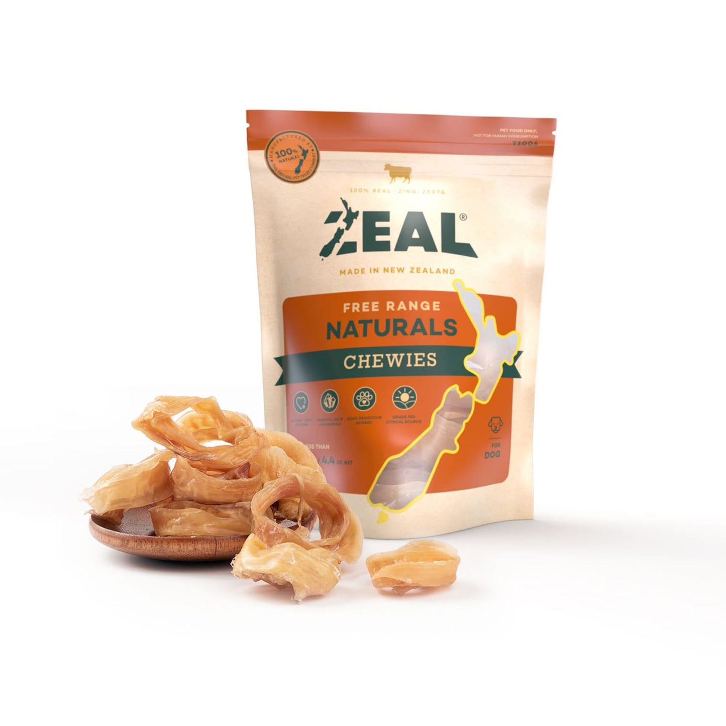Zeal Free Range Naturals Chewies packaging with chewable treats on a white background
