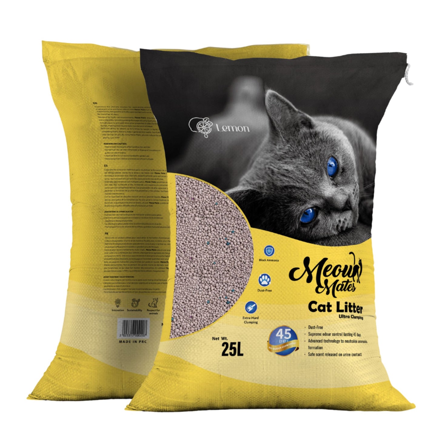 Yellow bag of Meow Mates cat litter with a cat's face on the label