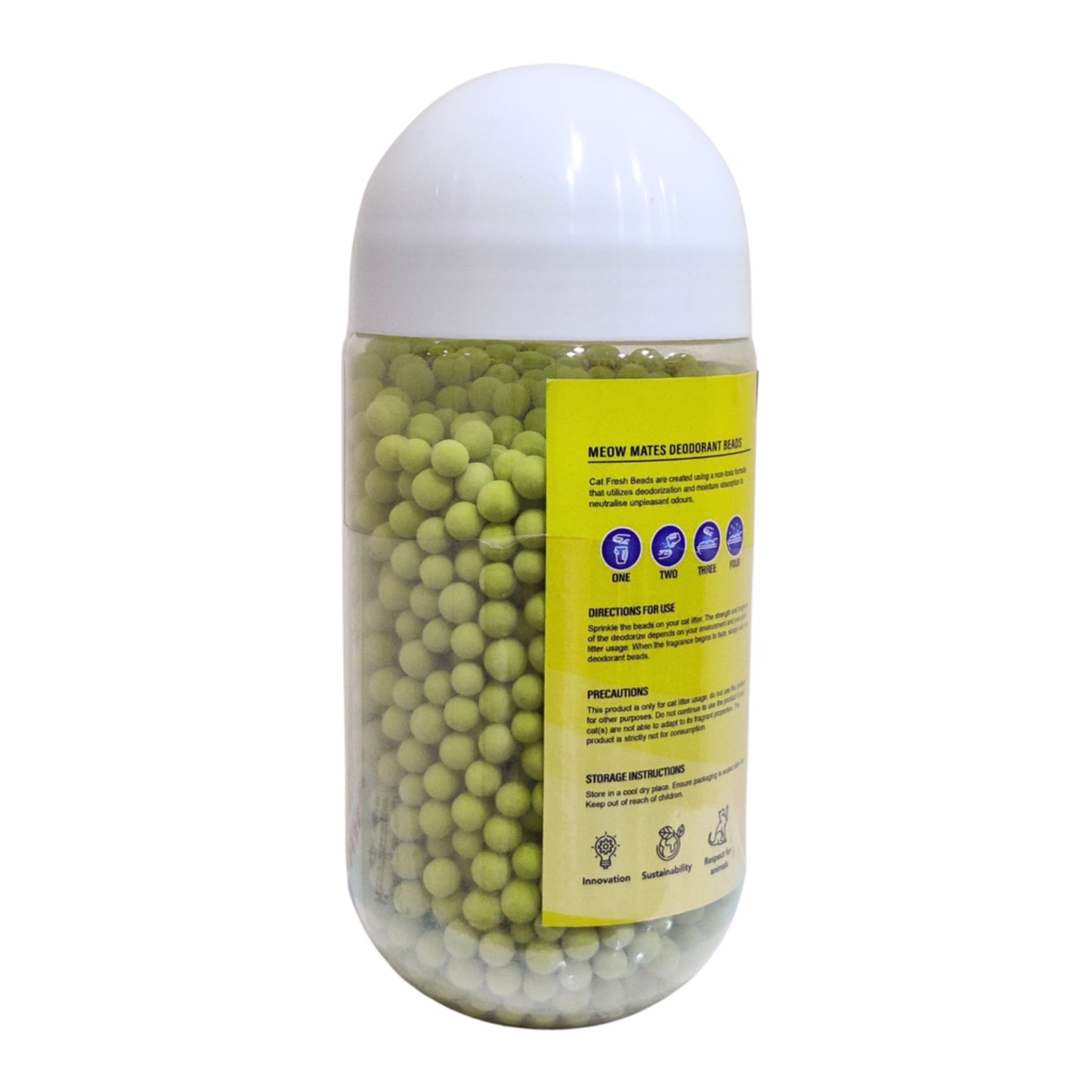 Container of green beads with a white cap on a white background