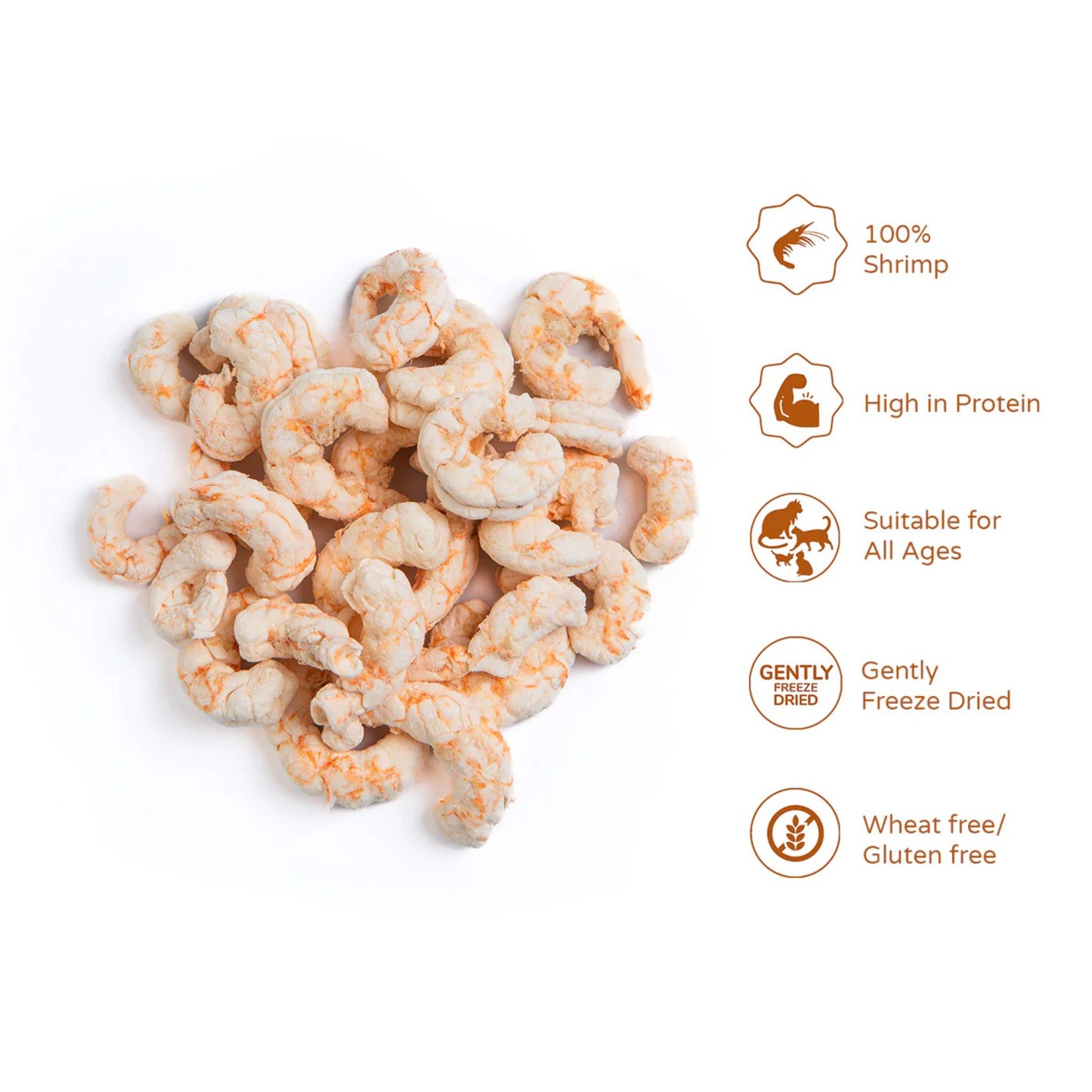 Gently freeze-dried shrimp on a white background with health benefits listed.
