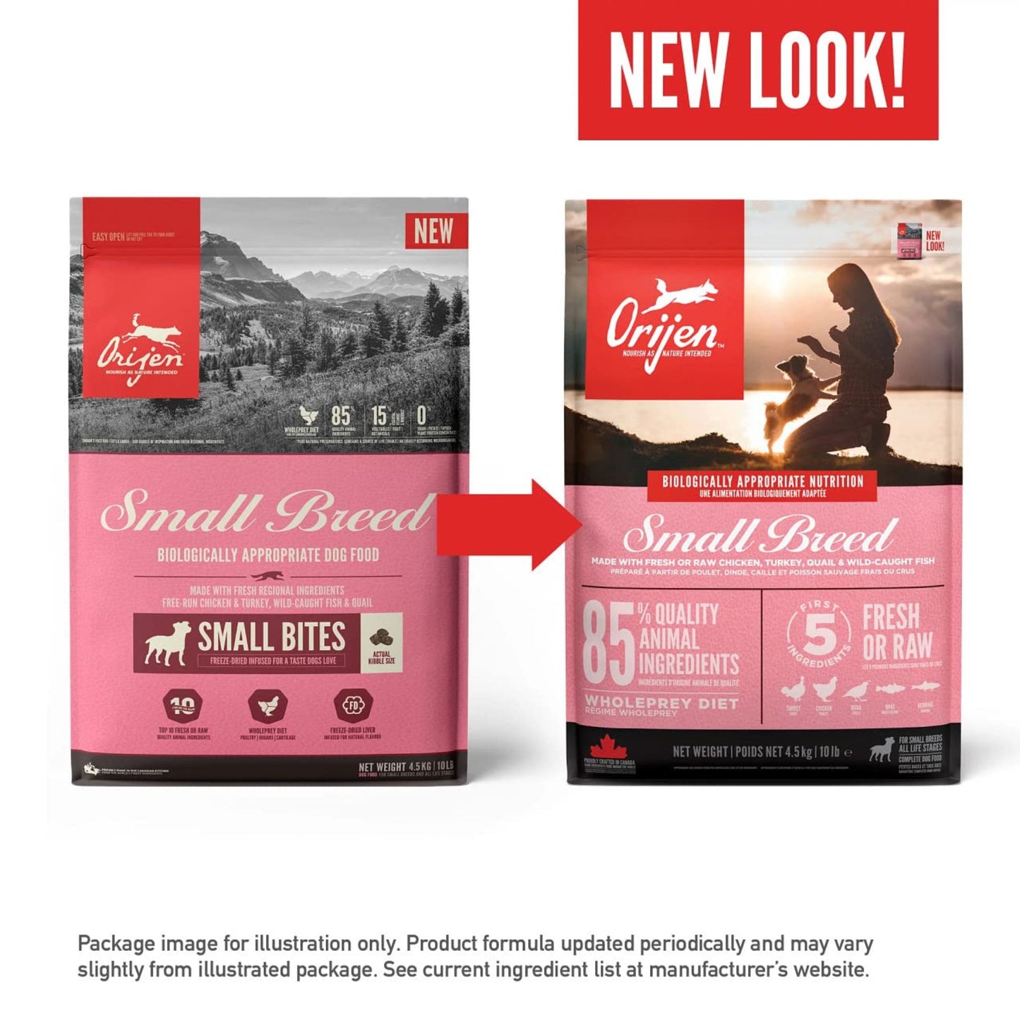 Comparison of Orijen Small Breed dog food packages with 'New Look' text.