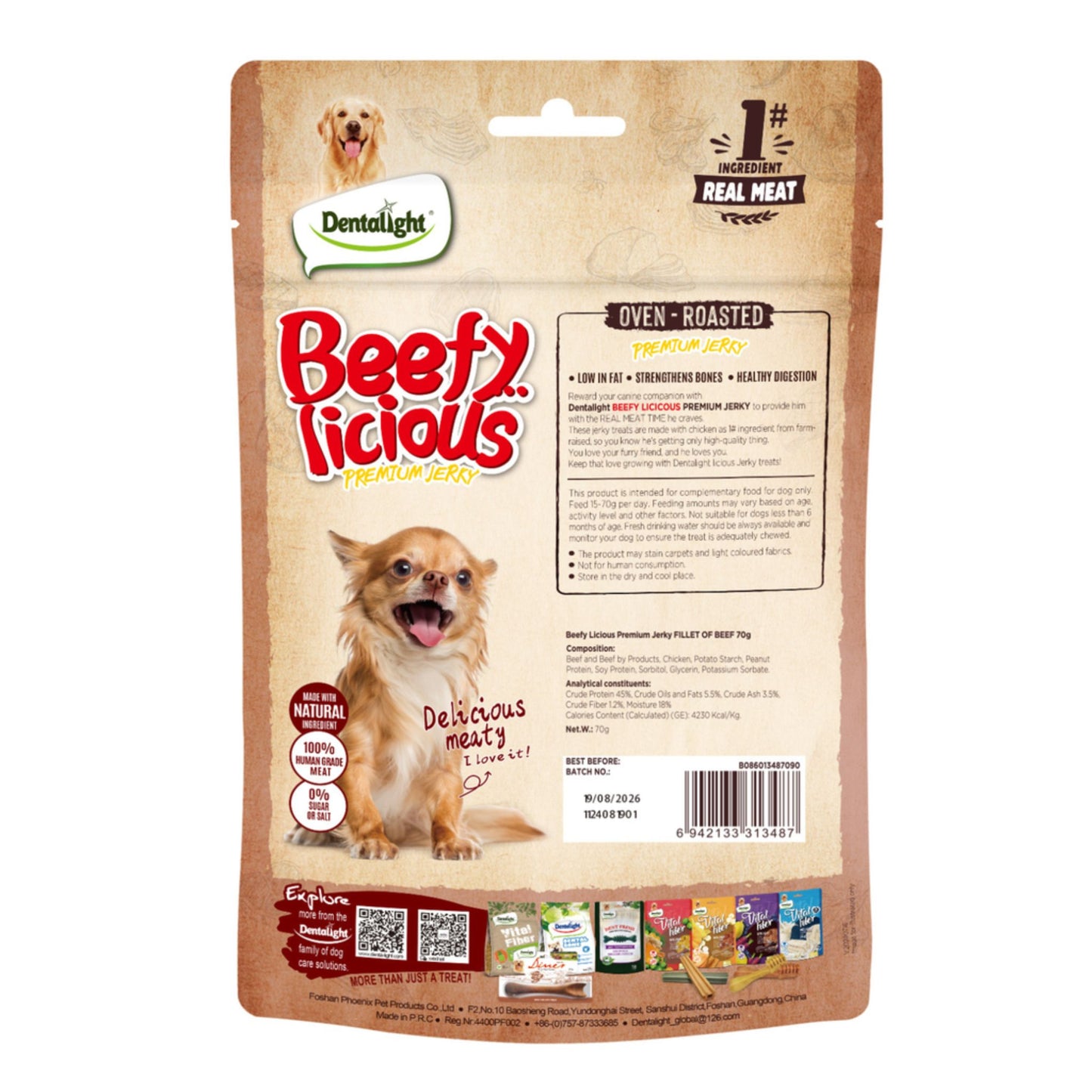 Dog treat package labeled 'Beefy Licious' by Dentalight on a white background