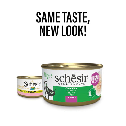Two cans of Schesir cat food with text 'Same Taste, New Look!' on a white background