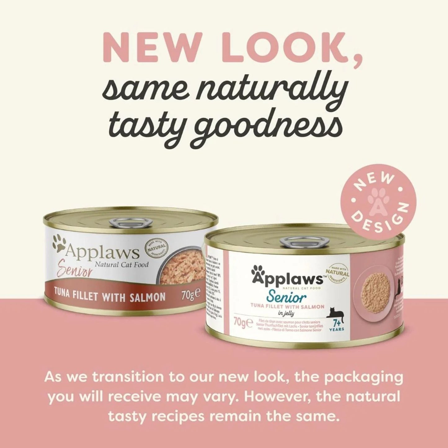 Two cans of Applaws senior cat food with text about new packaging design on a pink background