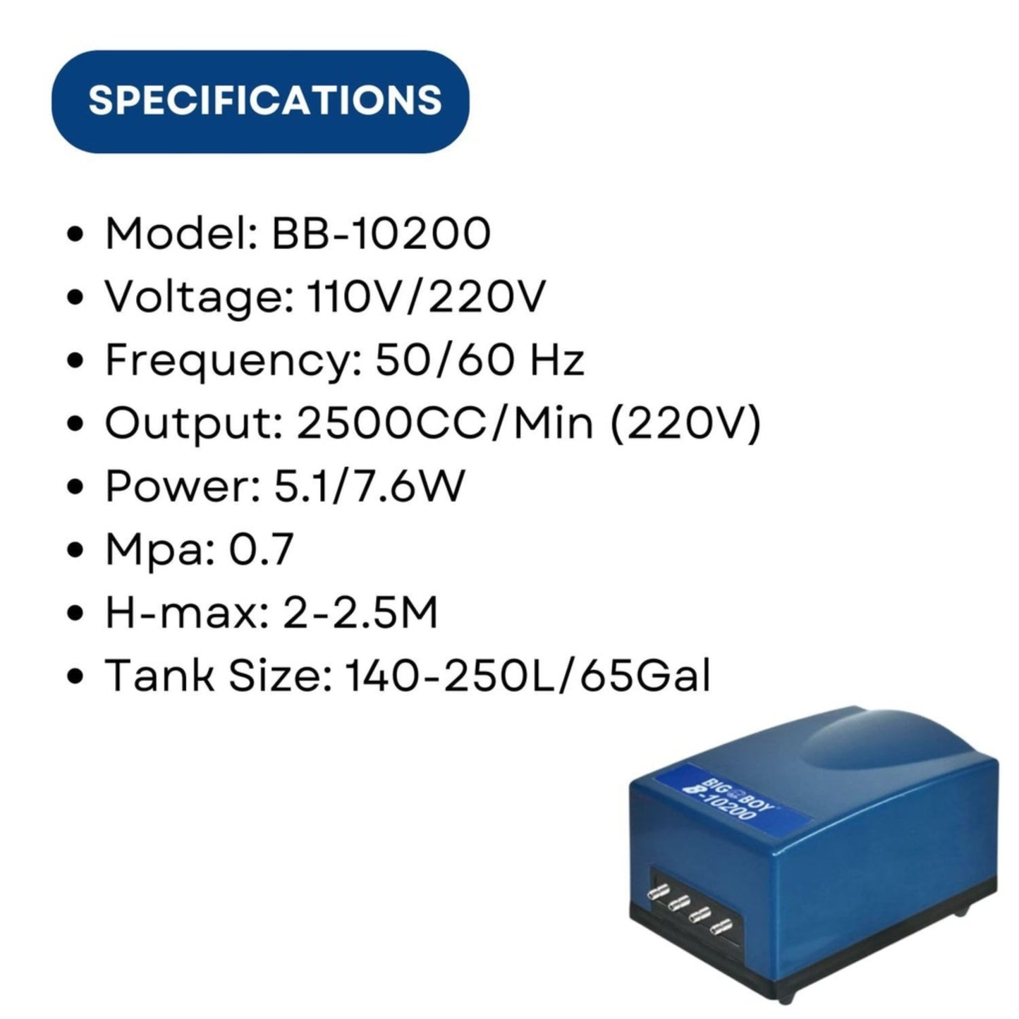 Blue device with specifications listed on a white background