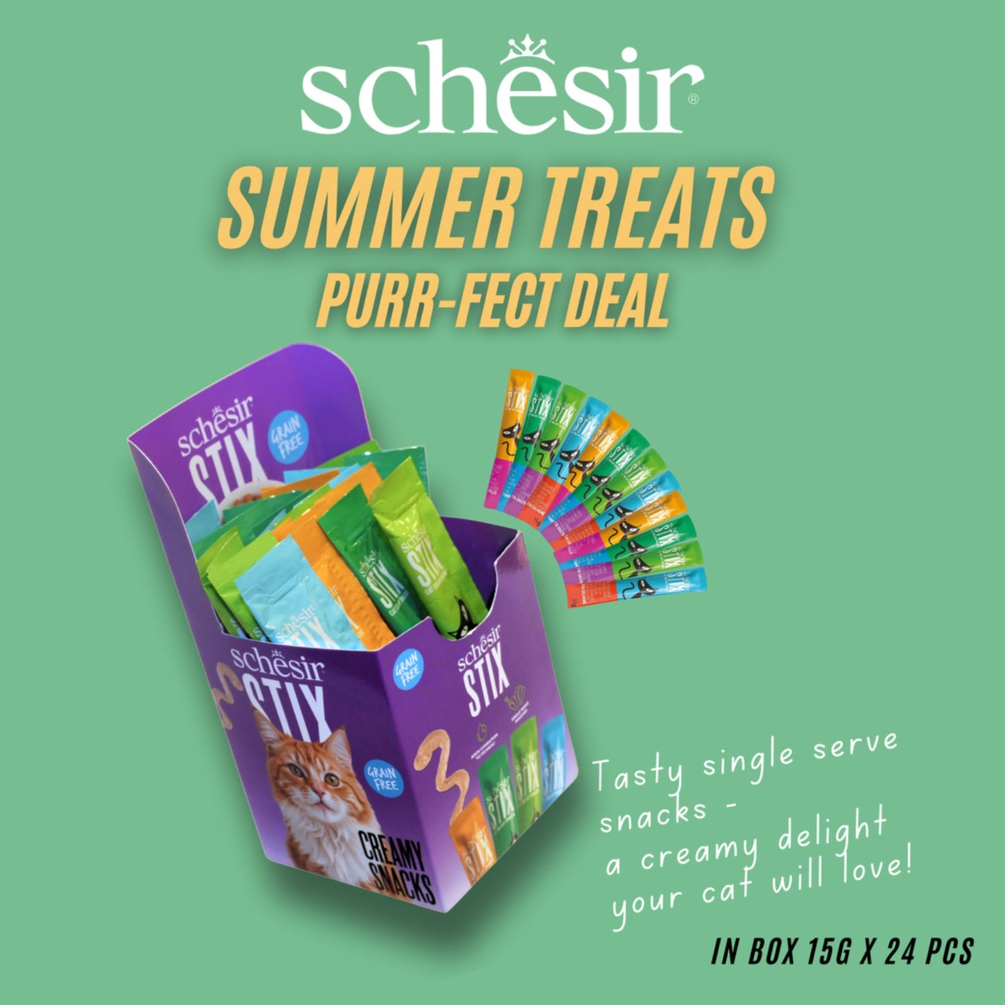 Schesir cat treat packaging with promotional text on a green background