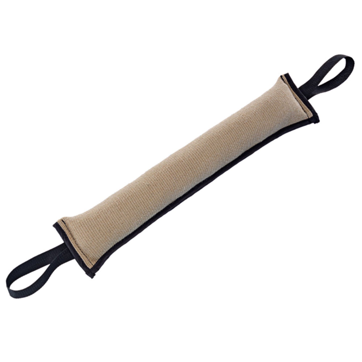 Beige dog chew toy with black handle on a white background
