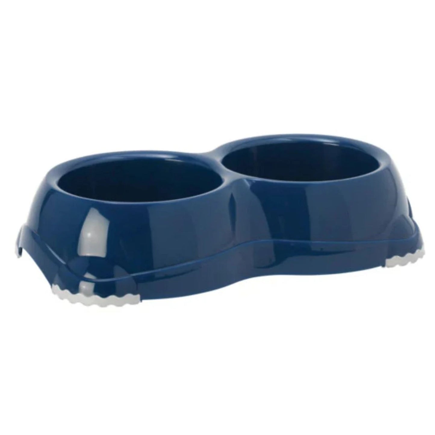 Blue double-bowled pet feeder on a white background
