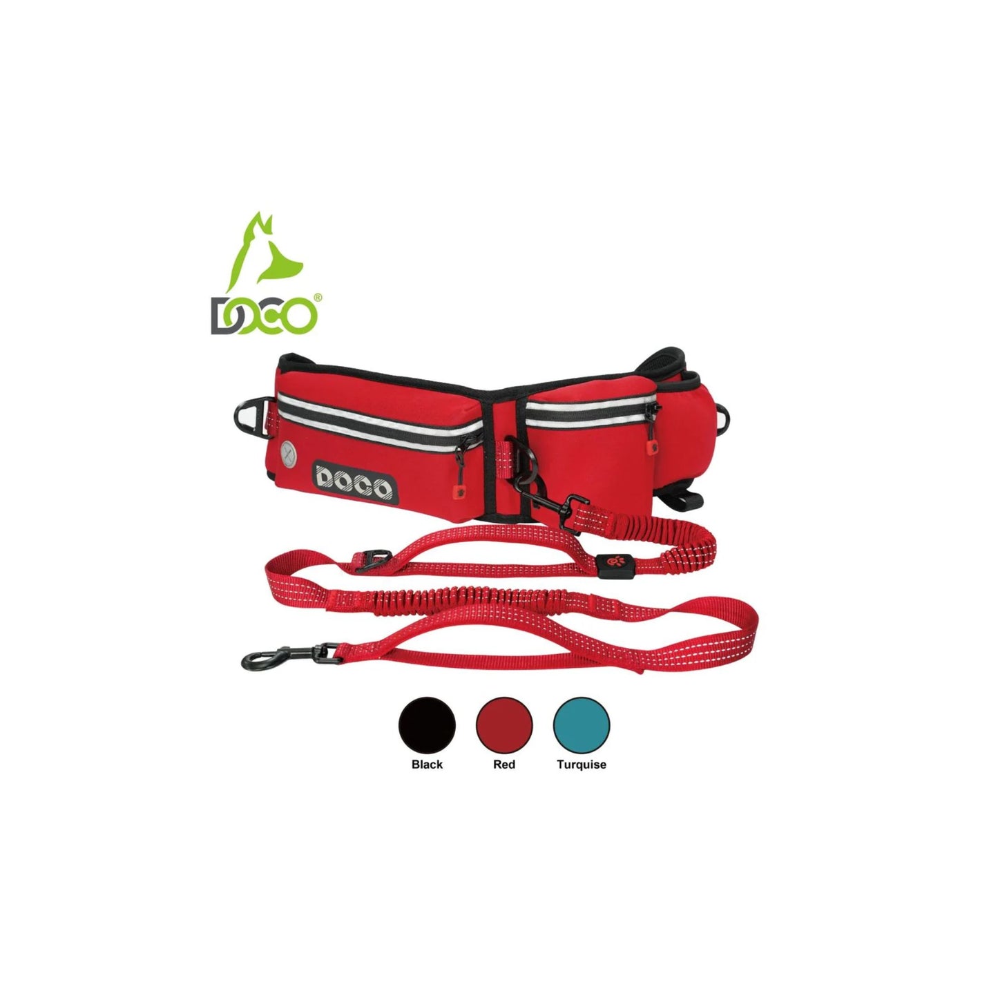 Doco Reflective Jogging Belt With Reflective Nylon Bungee Leash – Red