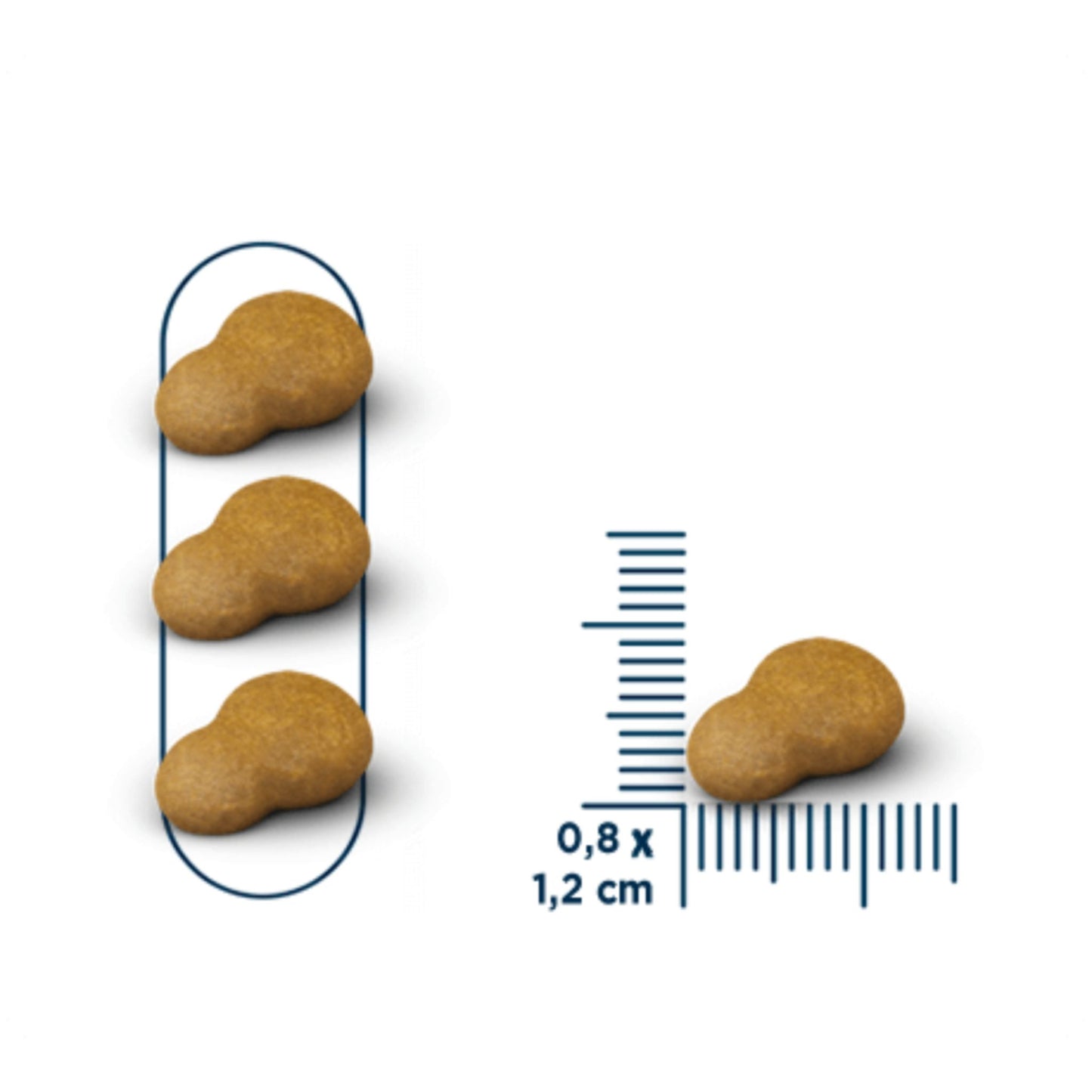 Three dog treats arranged vertically with a measurement scale on a white background