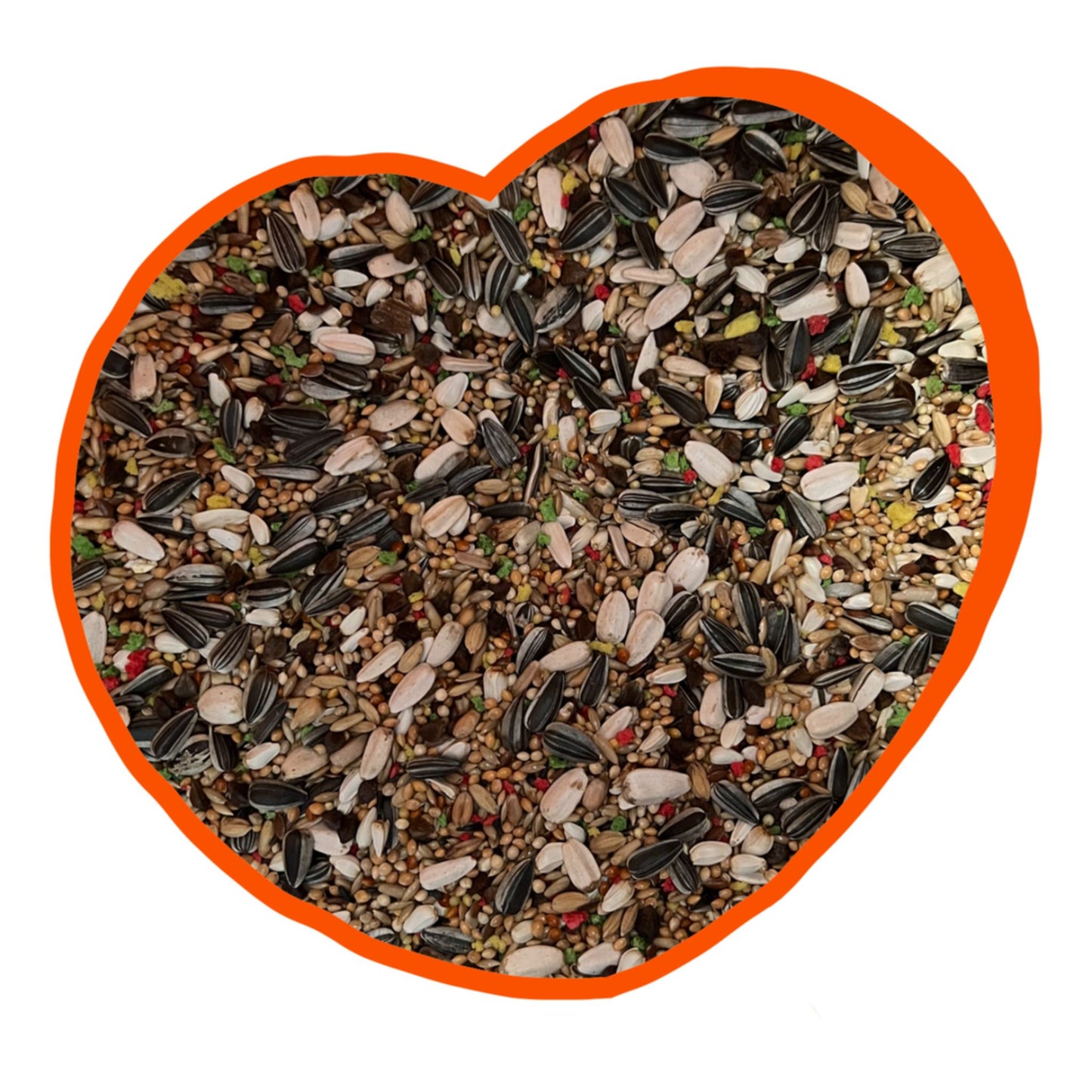 Heart-shaped bowl filled with birdseed on a white background