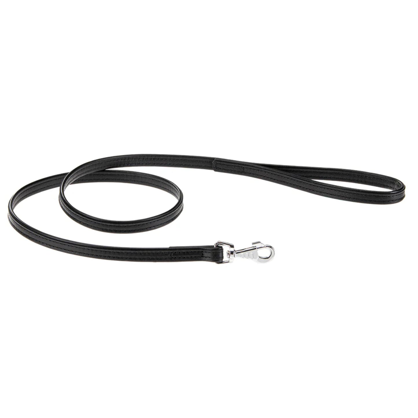 Black dog leash with a metal clip on a white background