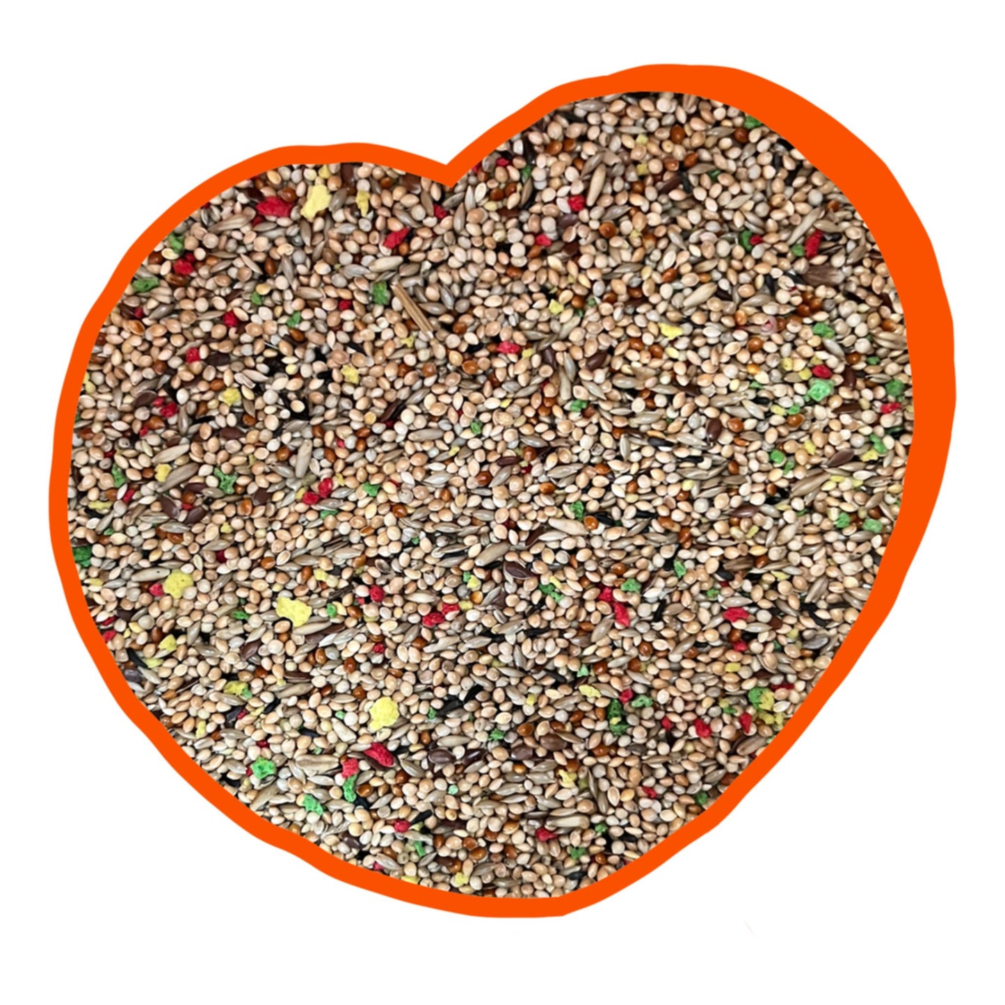Heart-shaped bowl filled with birdseed on a white background