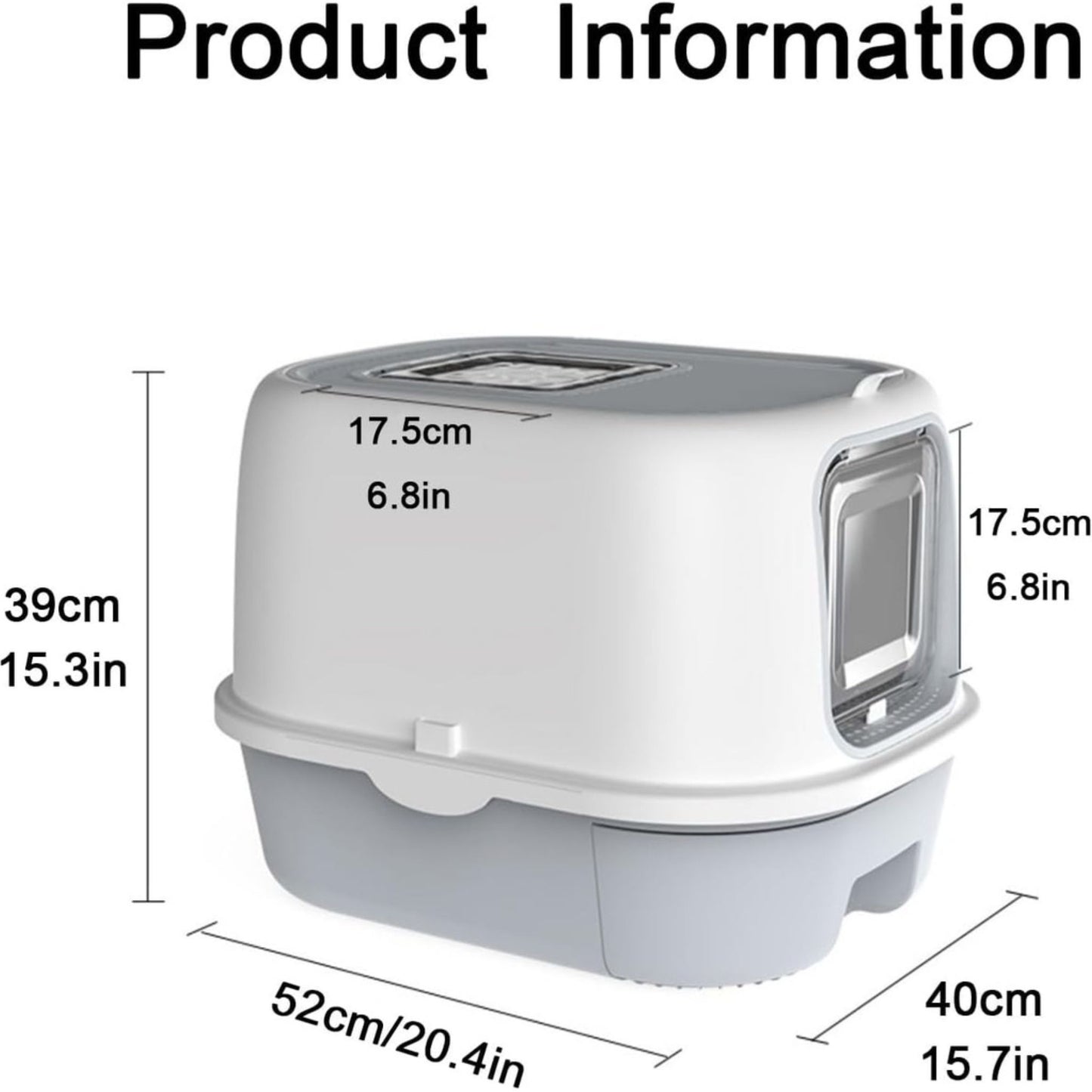 Cat litter box with dimensions labeled on a white background