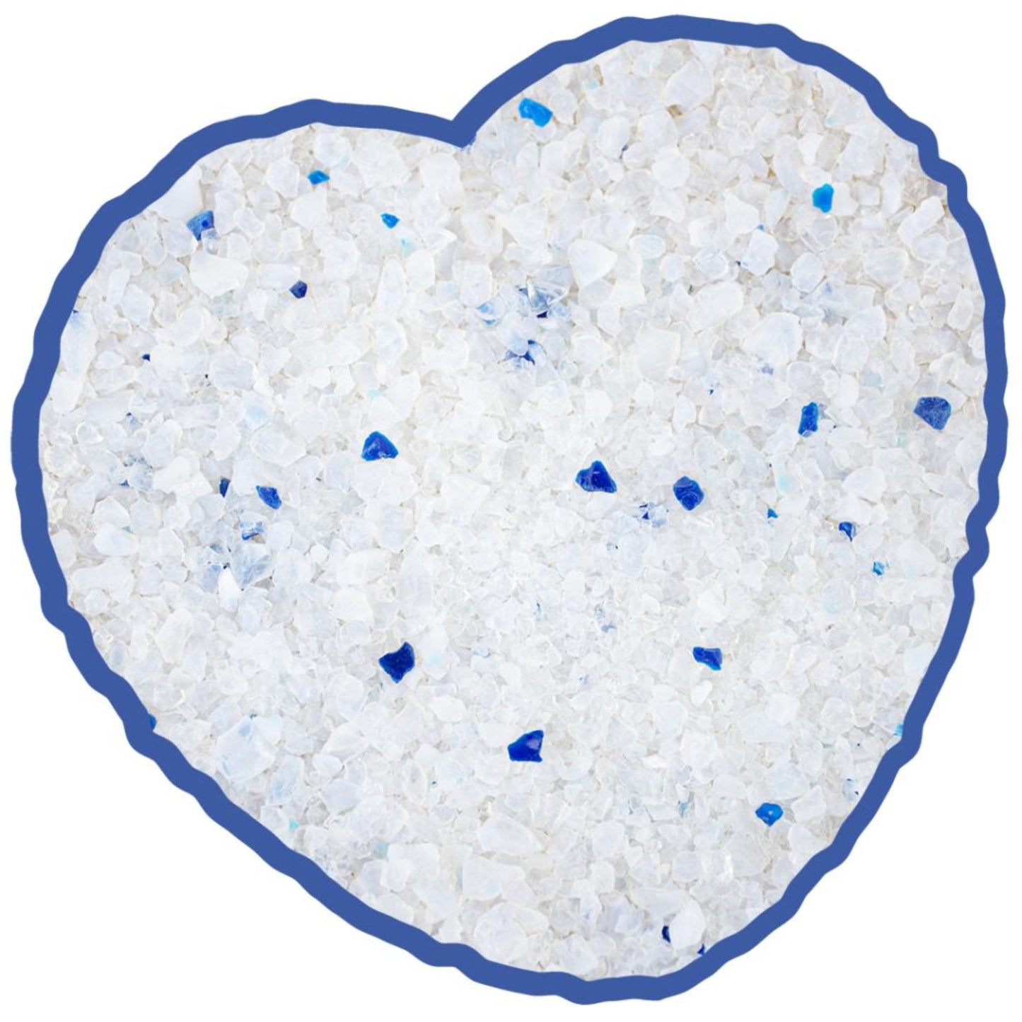 Heart-shaped pile of white and blue granular material on a white background