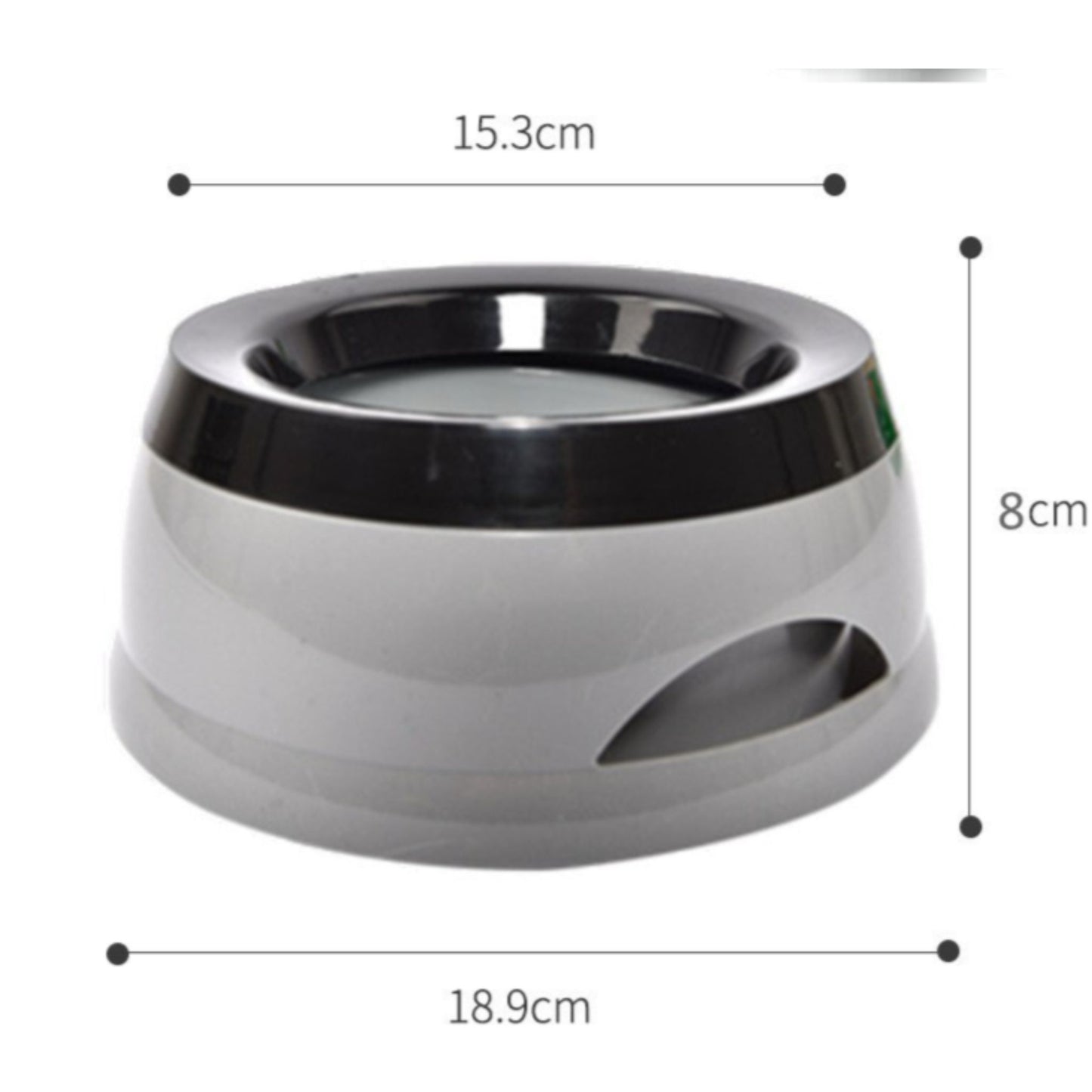 Grey and black pet bowl with dimensions labeled on a white background