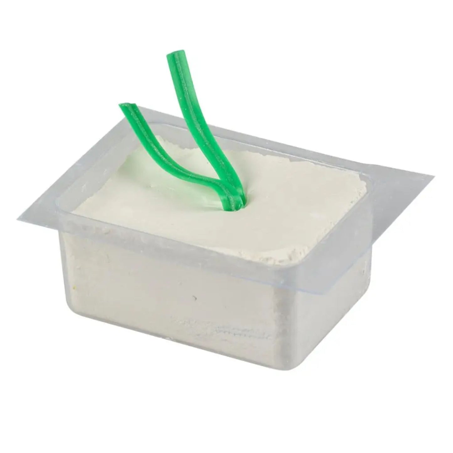 Square container of white powder with a green scoop on a white background
