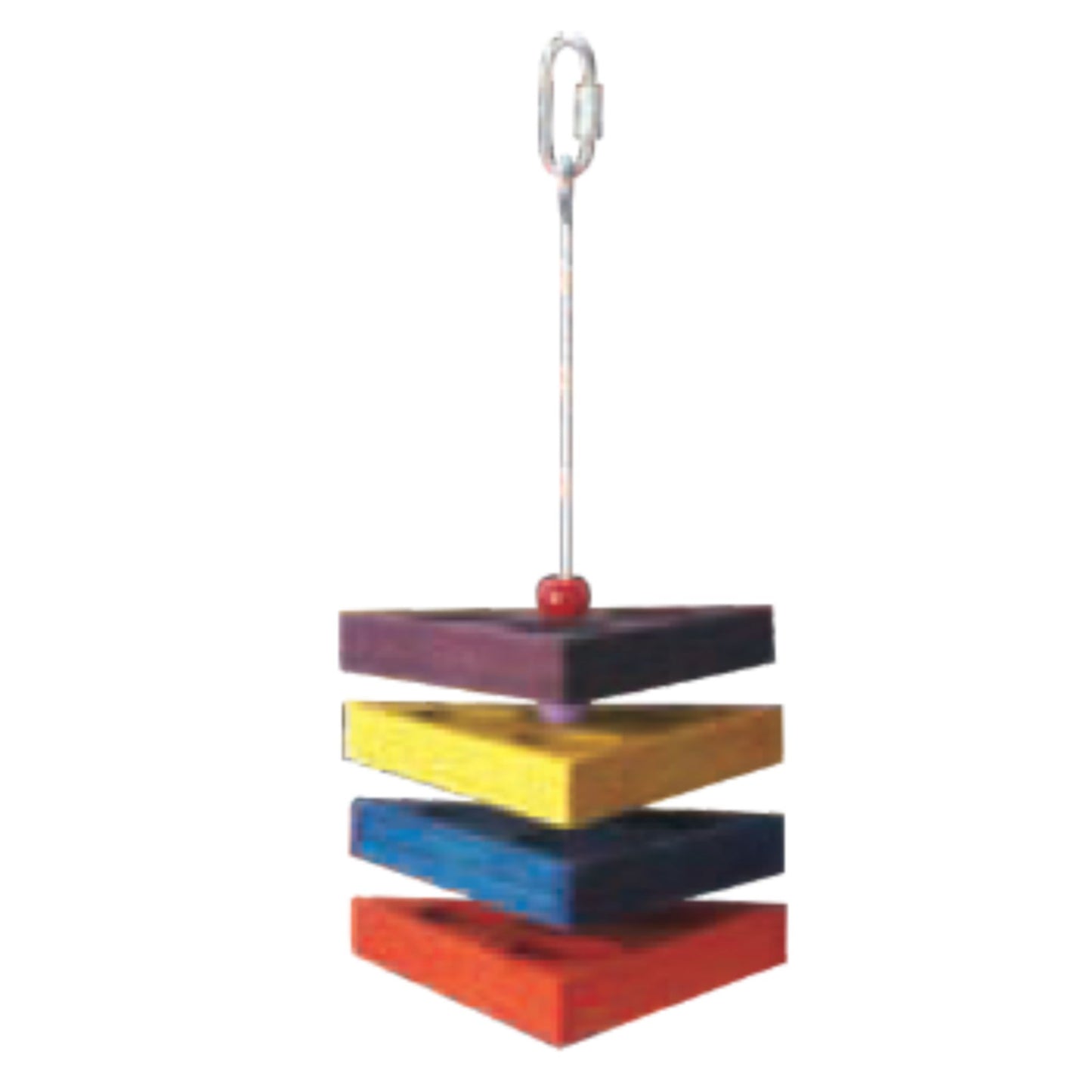 Colorful bird toy with stacked wooden blocks and a red ball on a white background