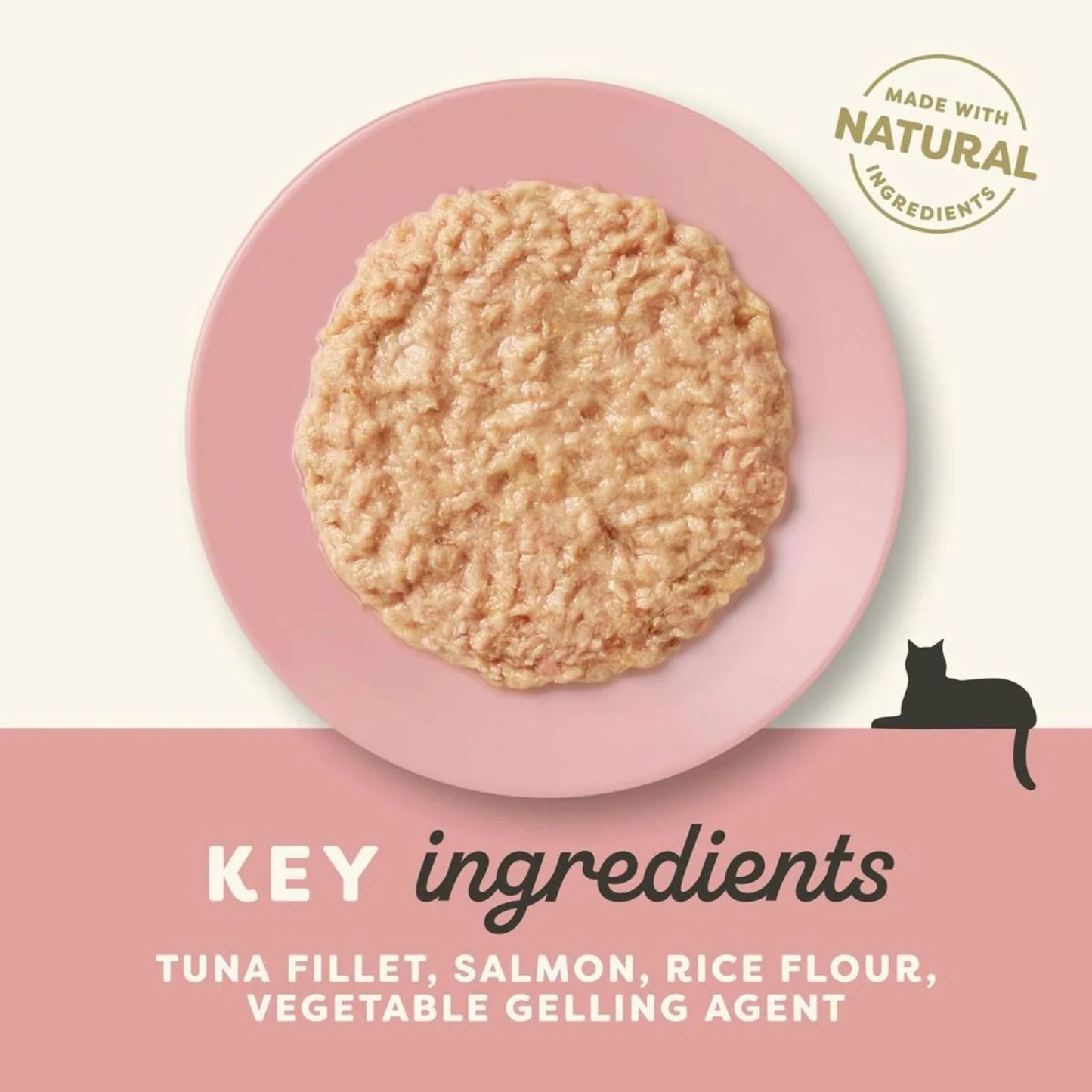 Cat food patty on a pink plate with key ingredients listed below.