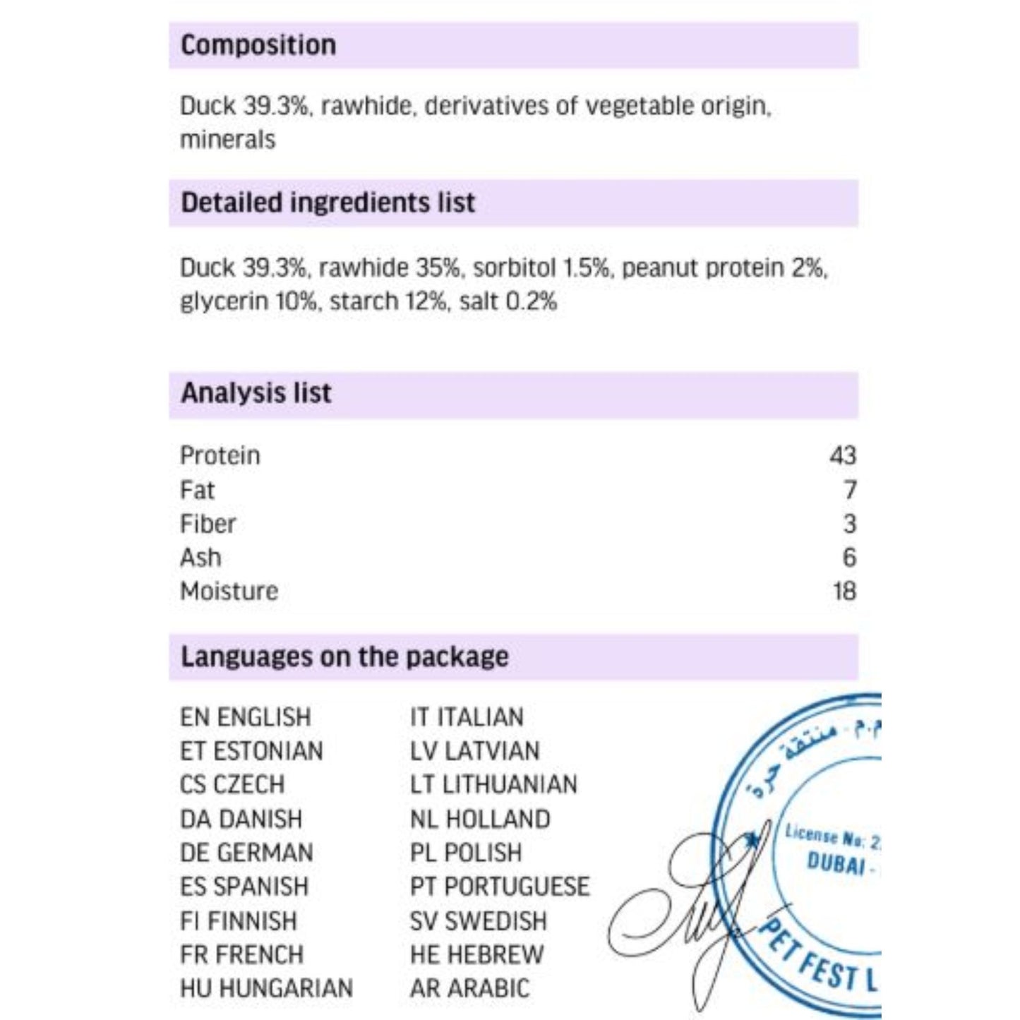 Product label with detailed ingredients and analysis information on a white background