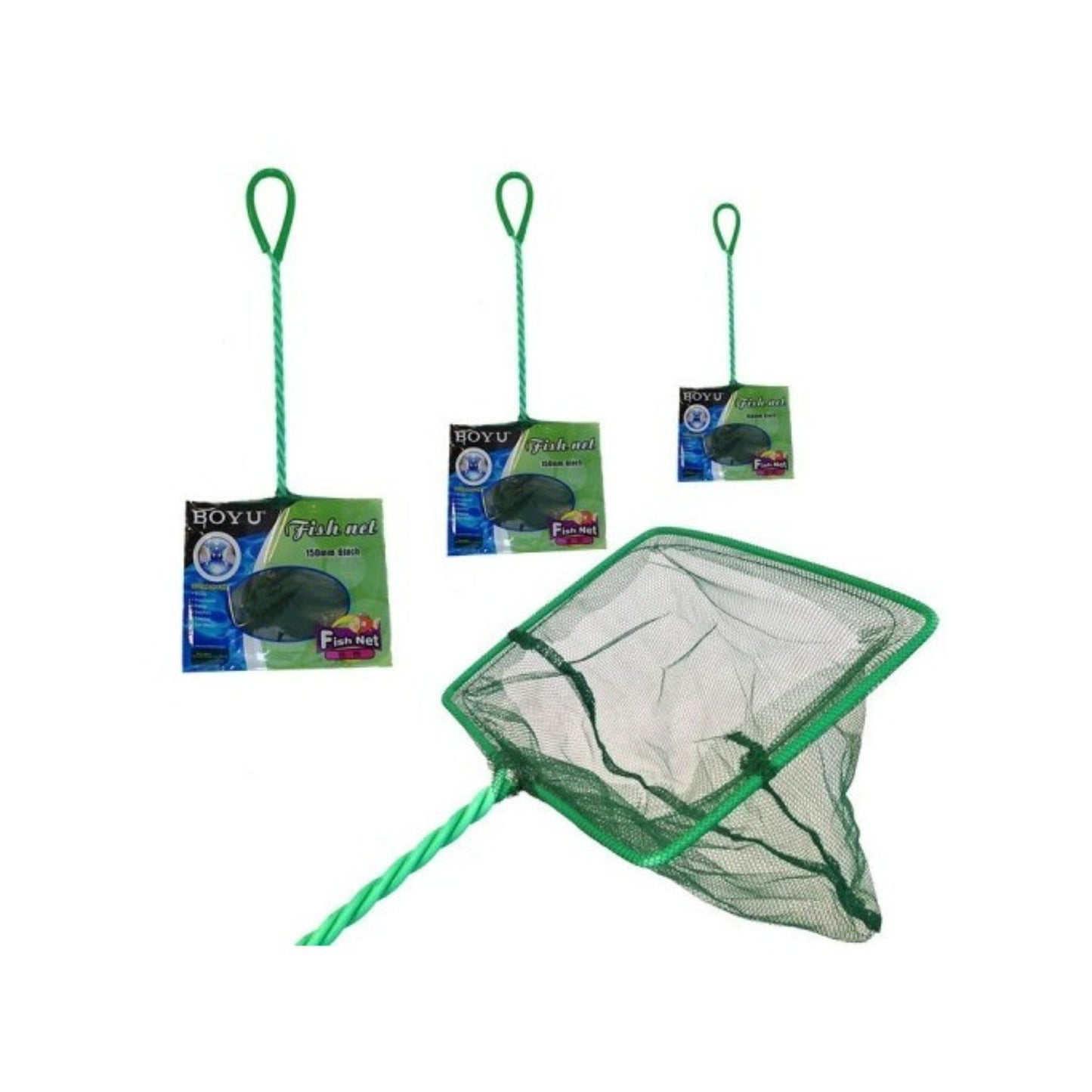 Green fishing net with packaging on a white background