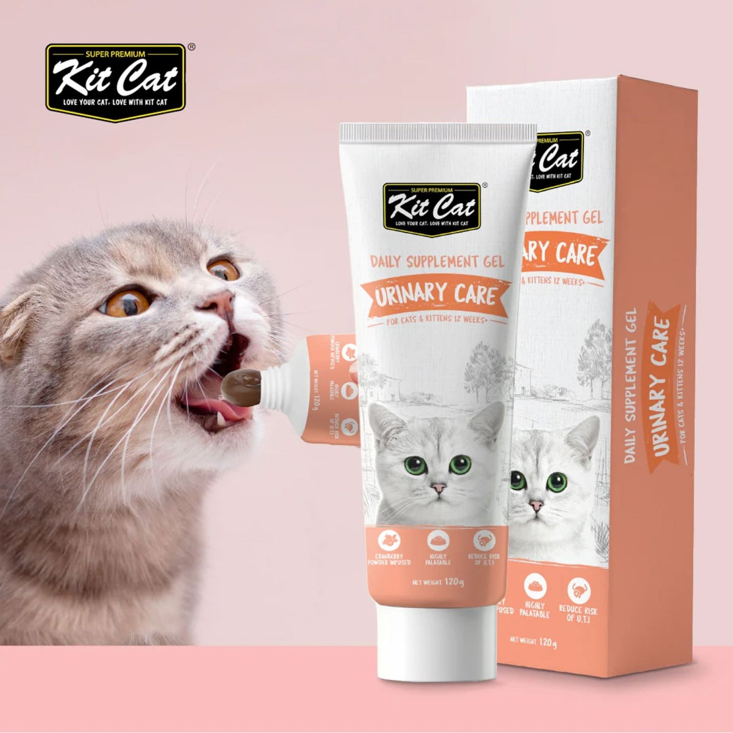 Cat supplement gel with Kit Cat branding on a pink background