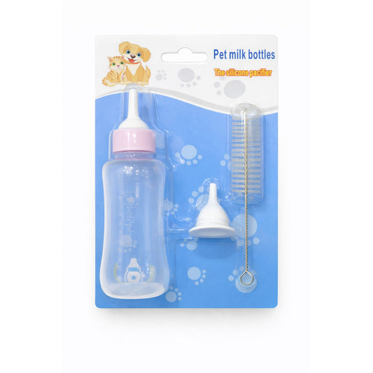 Pet milk bottle set with pink cap and accessories on a blue and white packaging background.