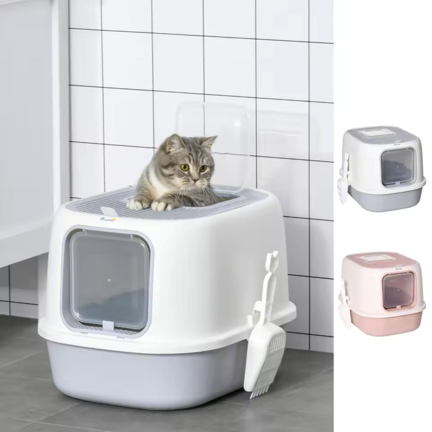 Cat using a covered litter box with additional litter boxes in the corner.