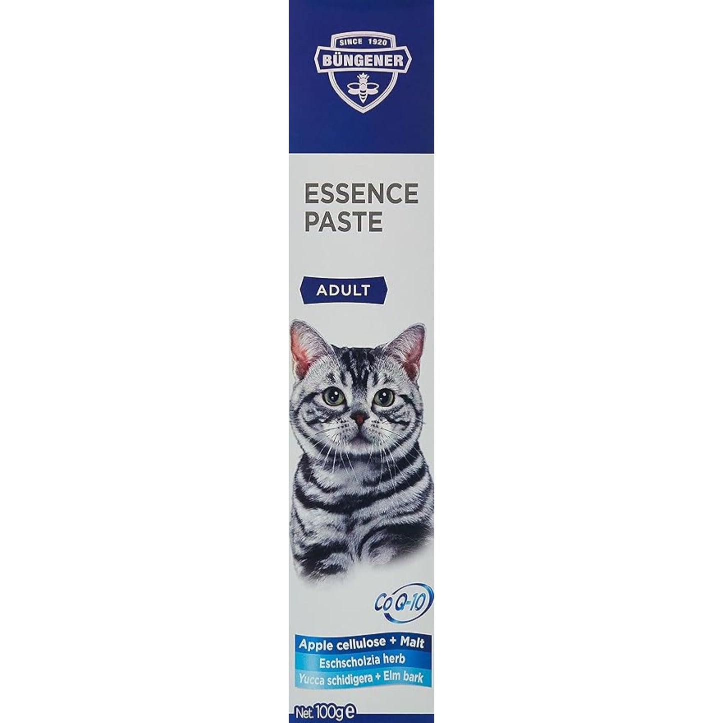 Cat essence paste packaging with a blue and white design featuring a cat illustration.