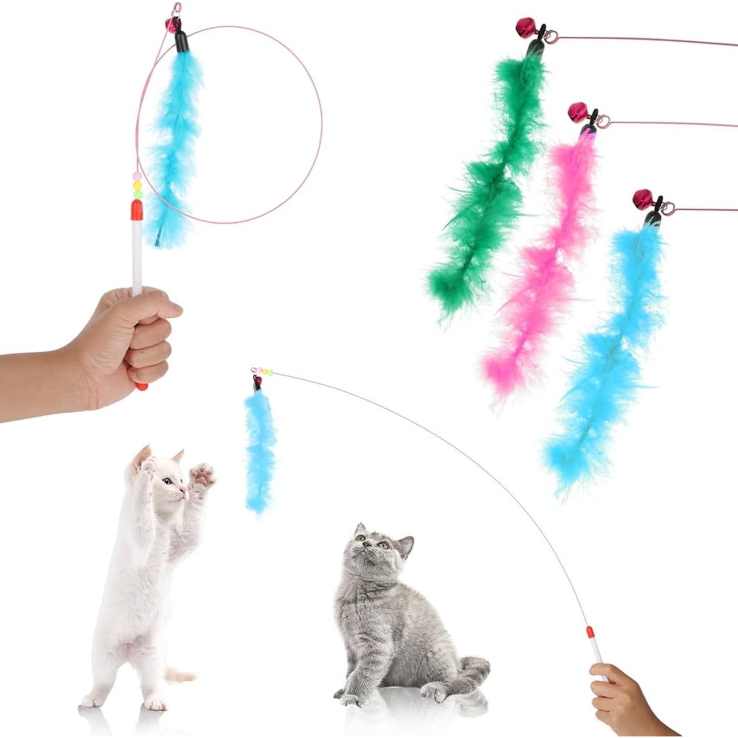 Cat toy with colorful feathers on a string, held by a person and played with by a cat.