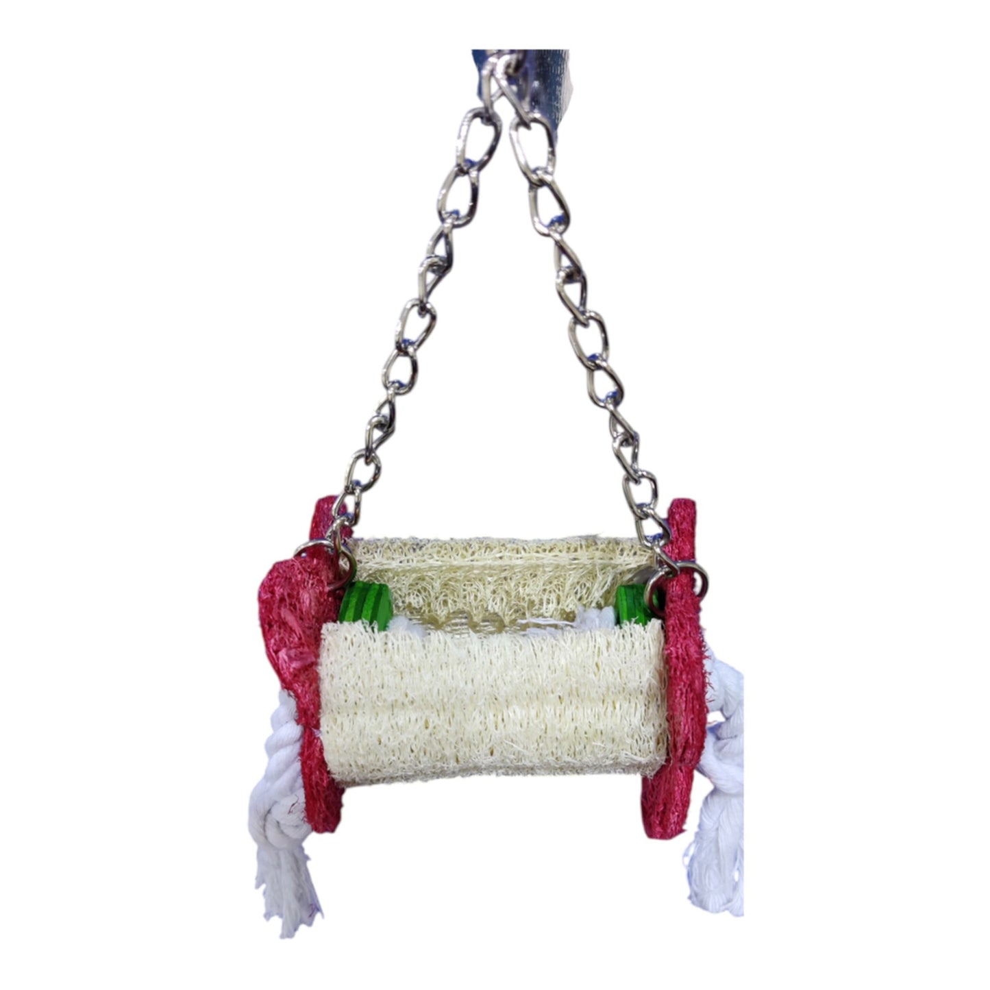 Pet toy with a chain, cylindrical textured center, and colorful ends on a white background