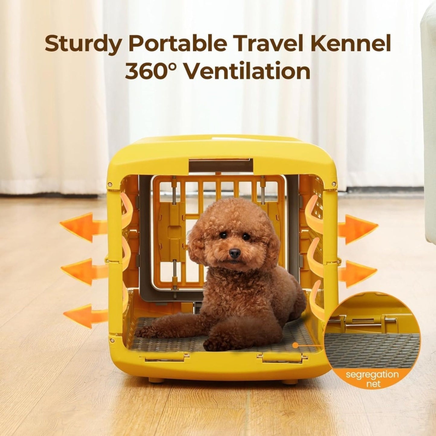 Yellow portable travel kennel with a dog inside, featuring 360-degree ventilation on a light wooden floor.