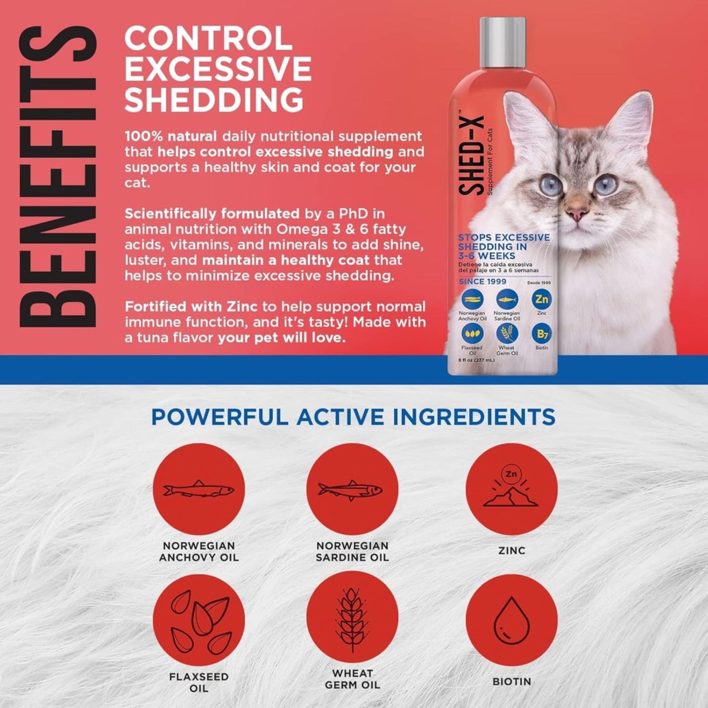Cat supplement product with benefits and ingredients listed on a red and white background
