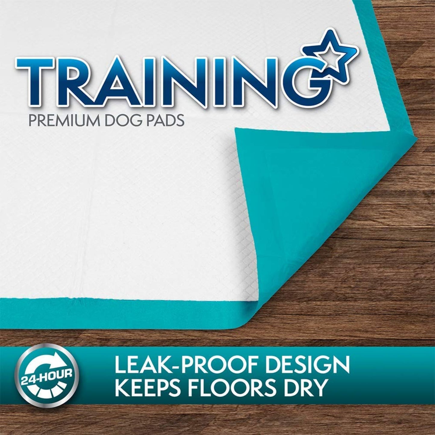 Teal and white dog training pad on a wooden floor with 'Training' brand logo.
