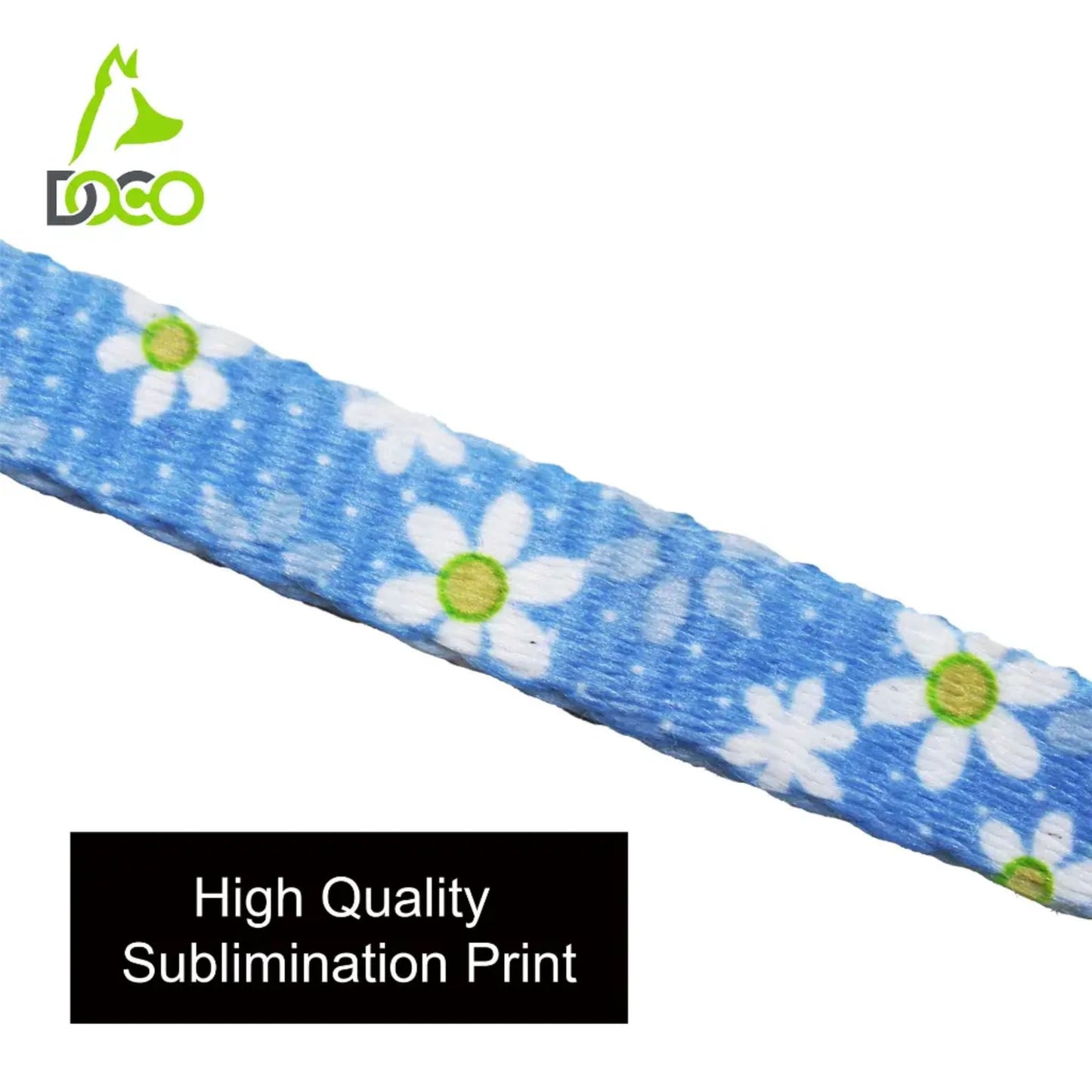 Blue, white daisy flowers and green centers on a white background, featuring the Doco brand logo.