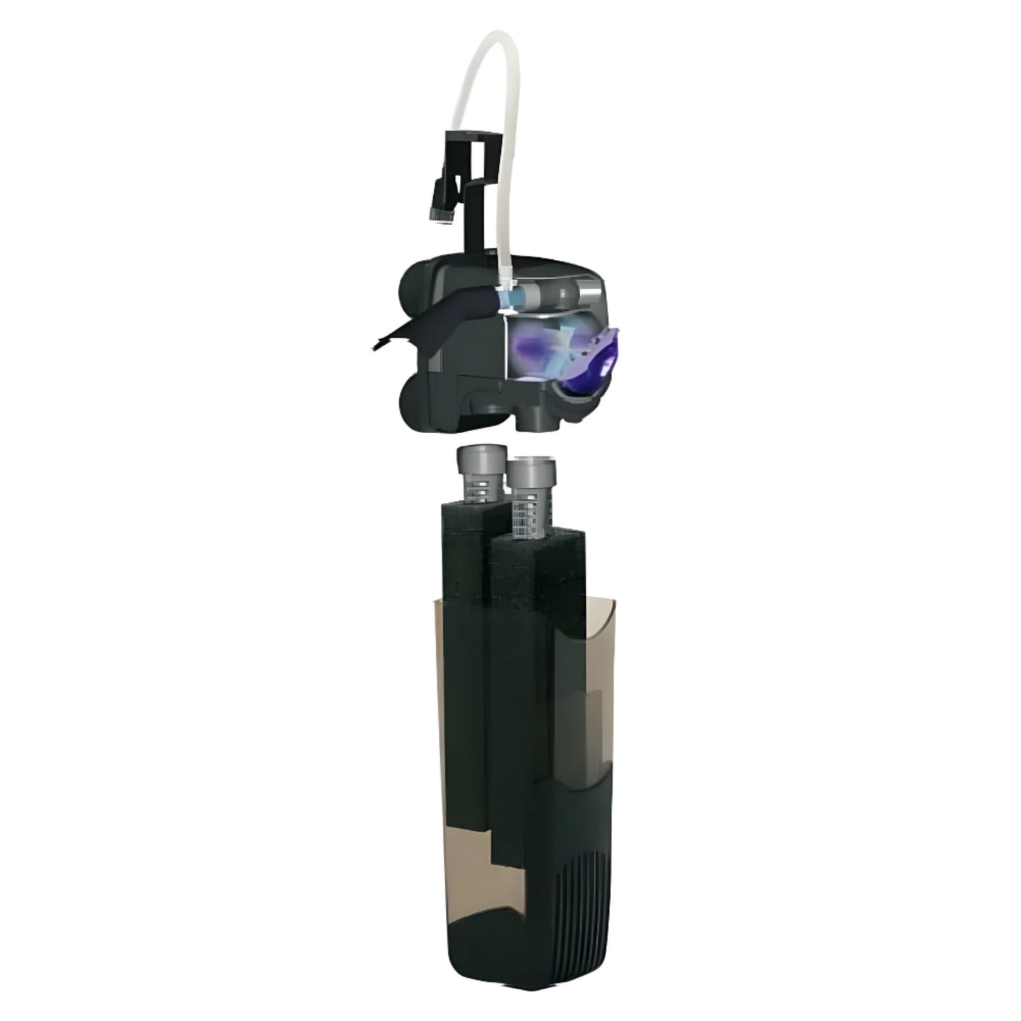 Black aquarium pump with visible brand logo on a white background