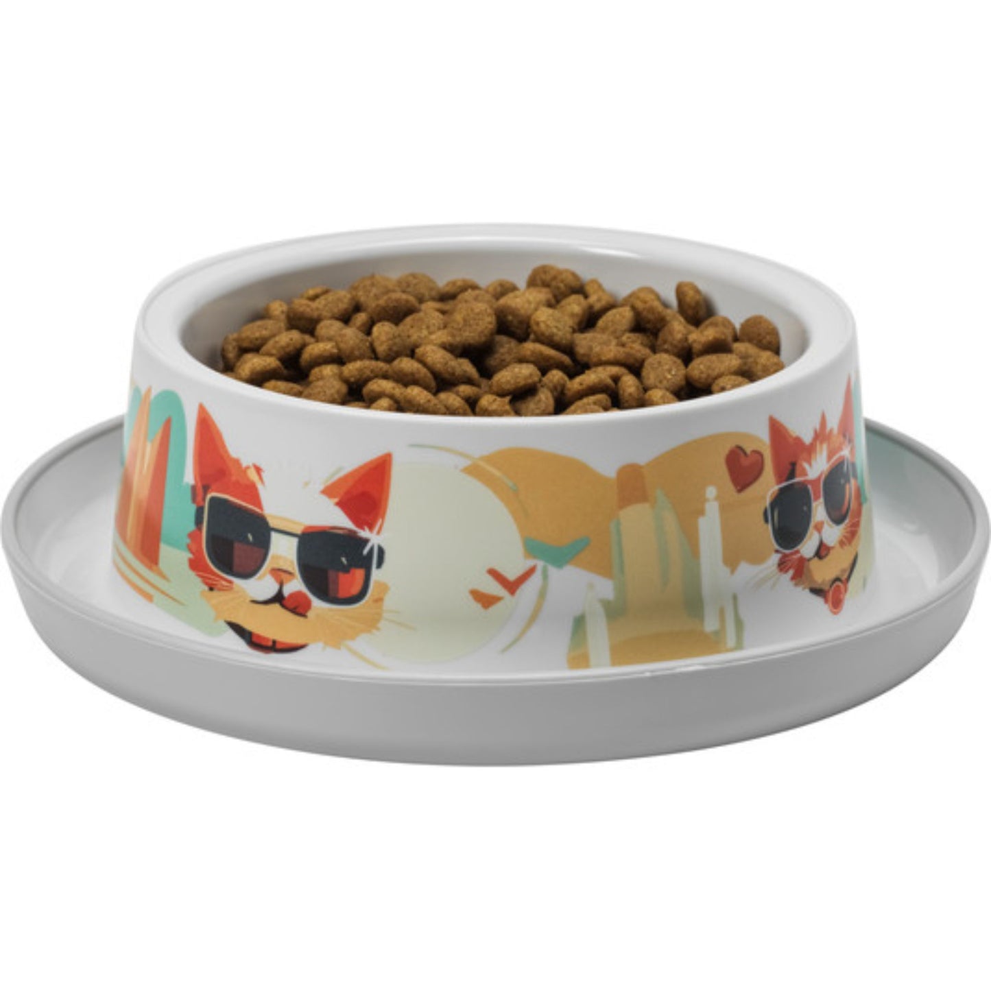 Cat food bowl with colorful cat design on a white background