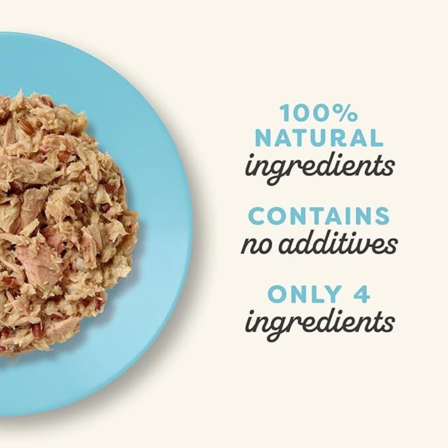 Pet food on a blue plate with text about natural ingredients and additive-free status.