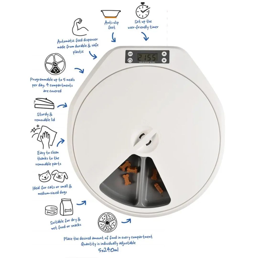 Duvo+ Automatic Pet Feeder – 5 Meal Dispenser, White/Grey 33x36x6cm
