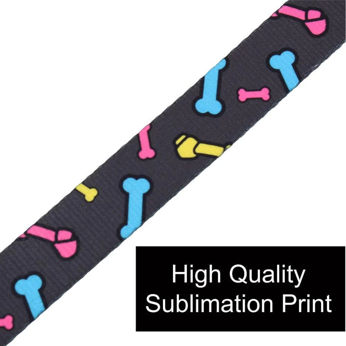 Narrow ribbon with colorful bone and bow pattern on a black background, labeled 'High Quality Sublimation Print'.