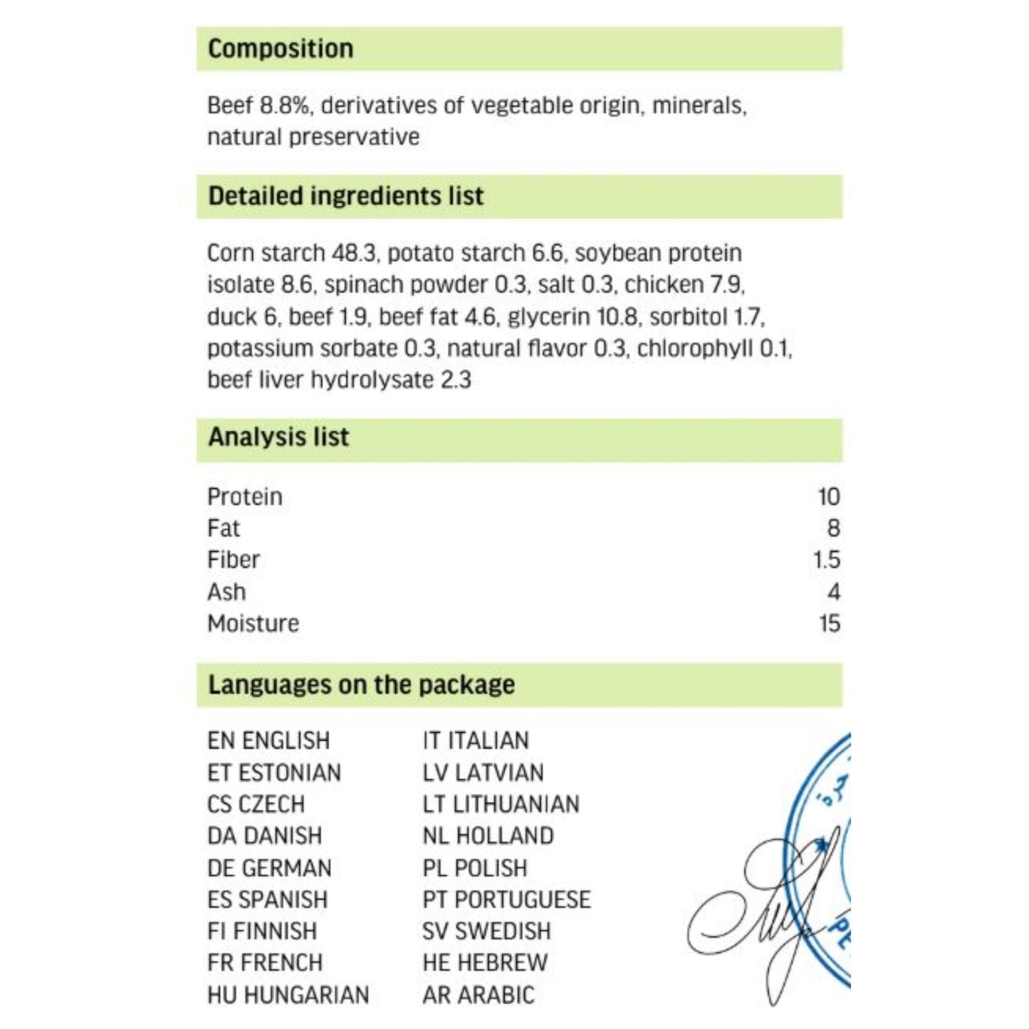 Product label with detailed ingredients, analysis, and language options on a white background.