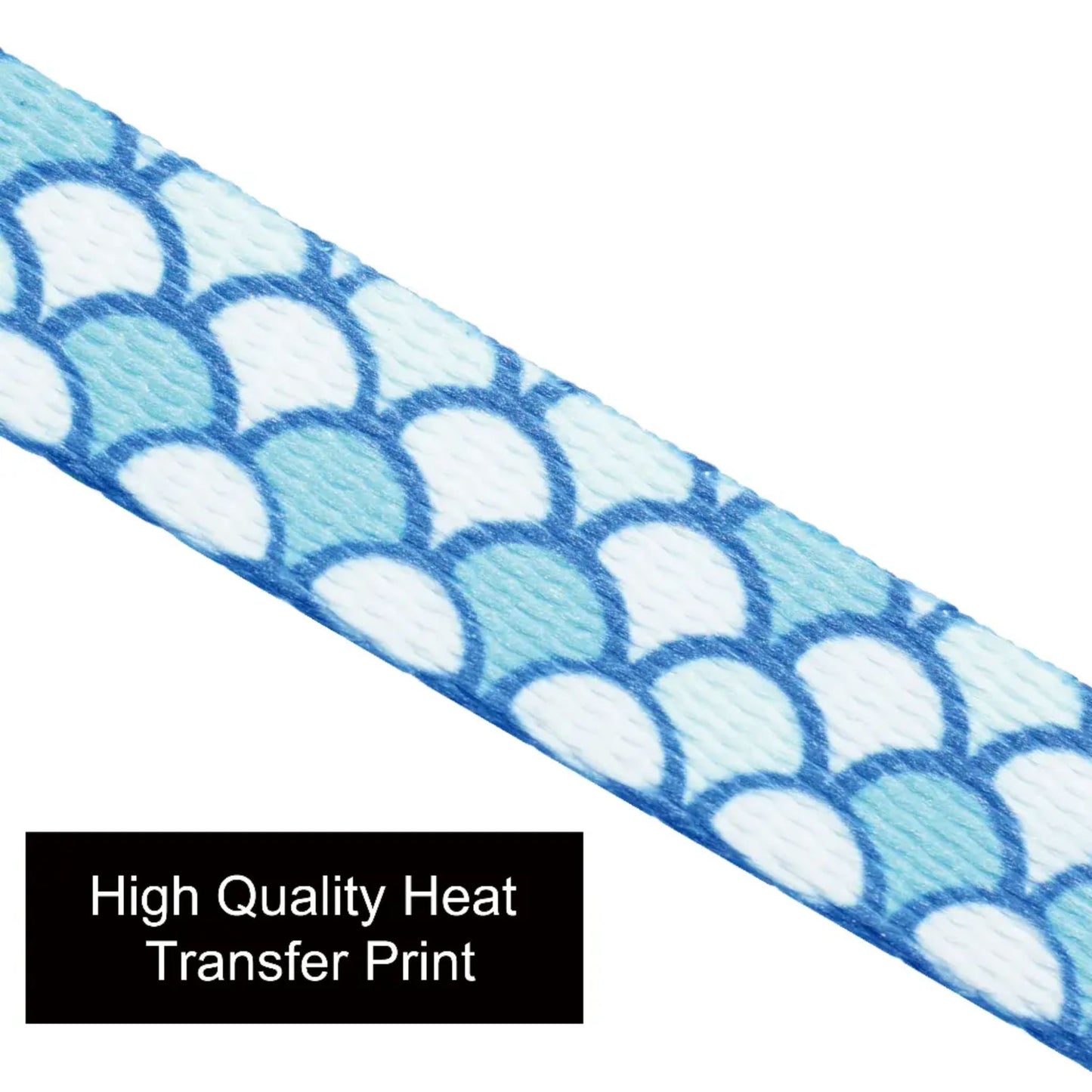 Blue and white patterned material with 'High Quality Heat Transfer Print' text.