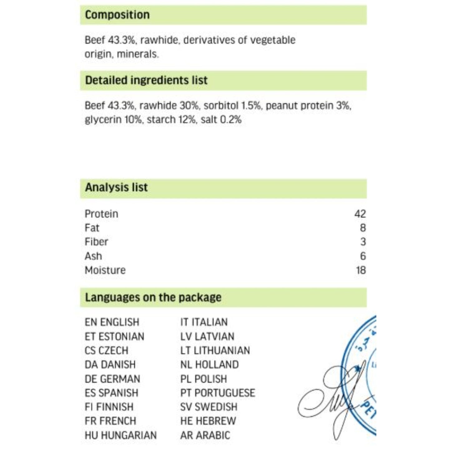 Nutritional label with detailed ingredients and analysis on a white background