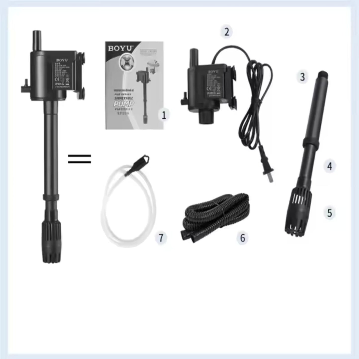 List of components including a pump, cable, and nozzle on a white background with BOYU branding.