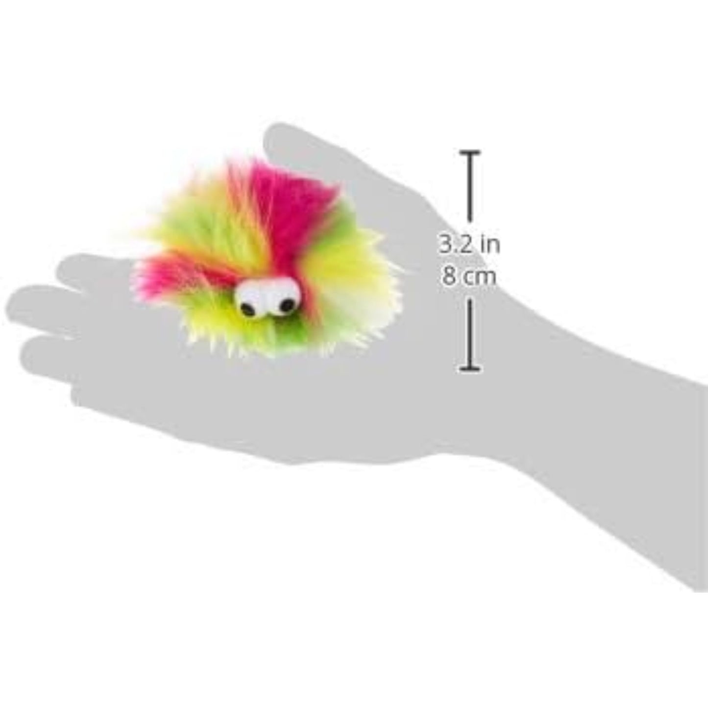 Colorful fuzzy ball toy held in a hand with dimensions indicated.