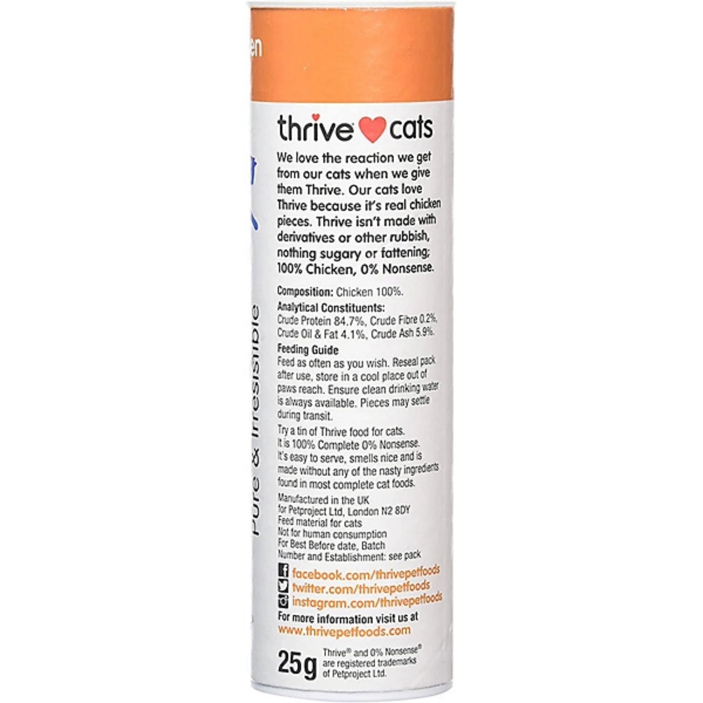 Thrive cat food canister with label on a white background