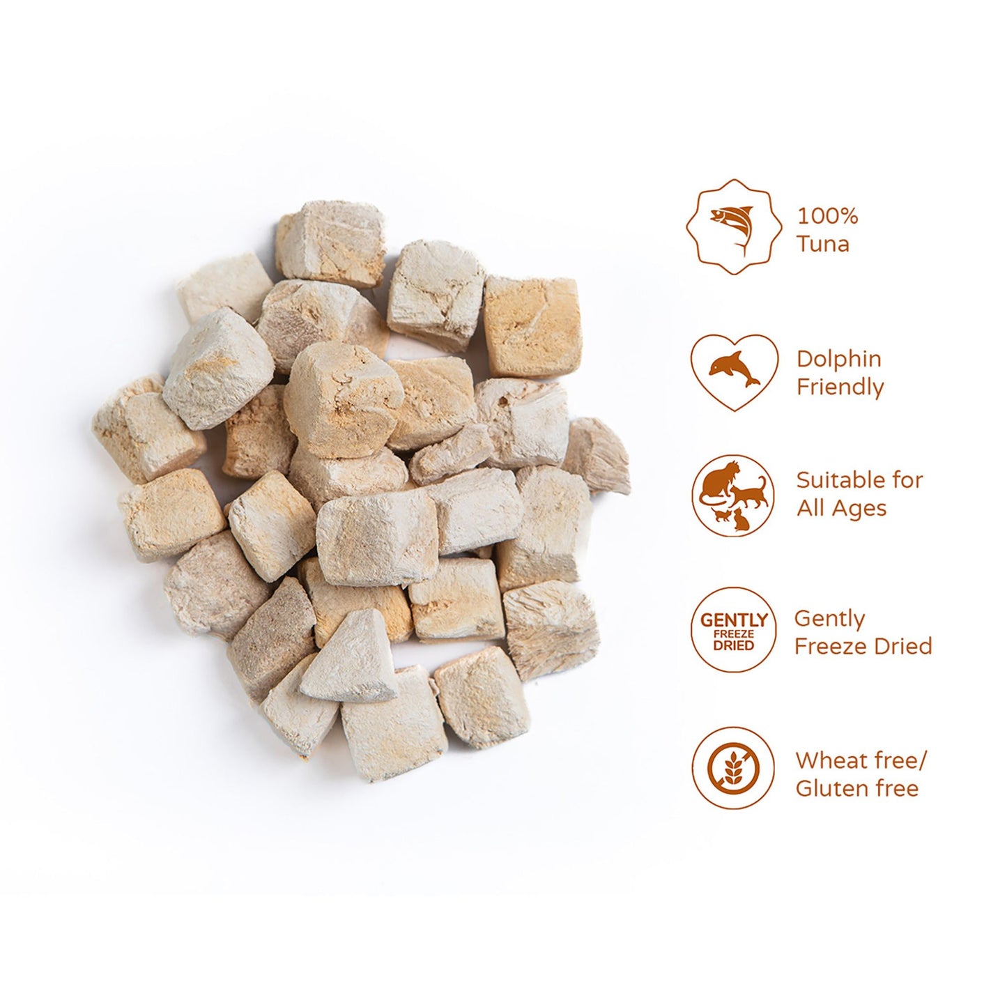 Dried tuna cubes with health benefits on a white background
