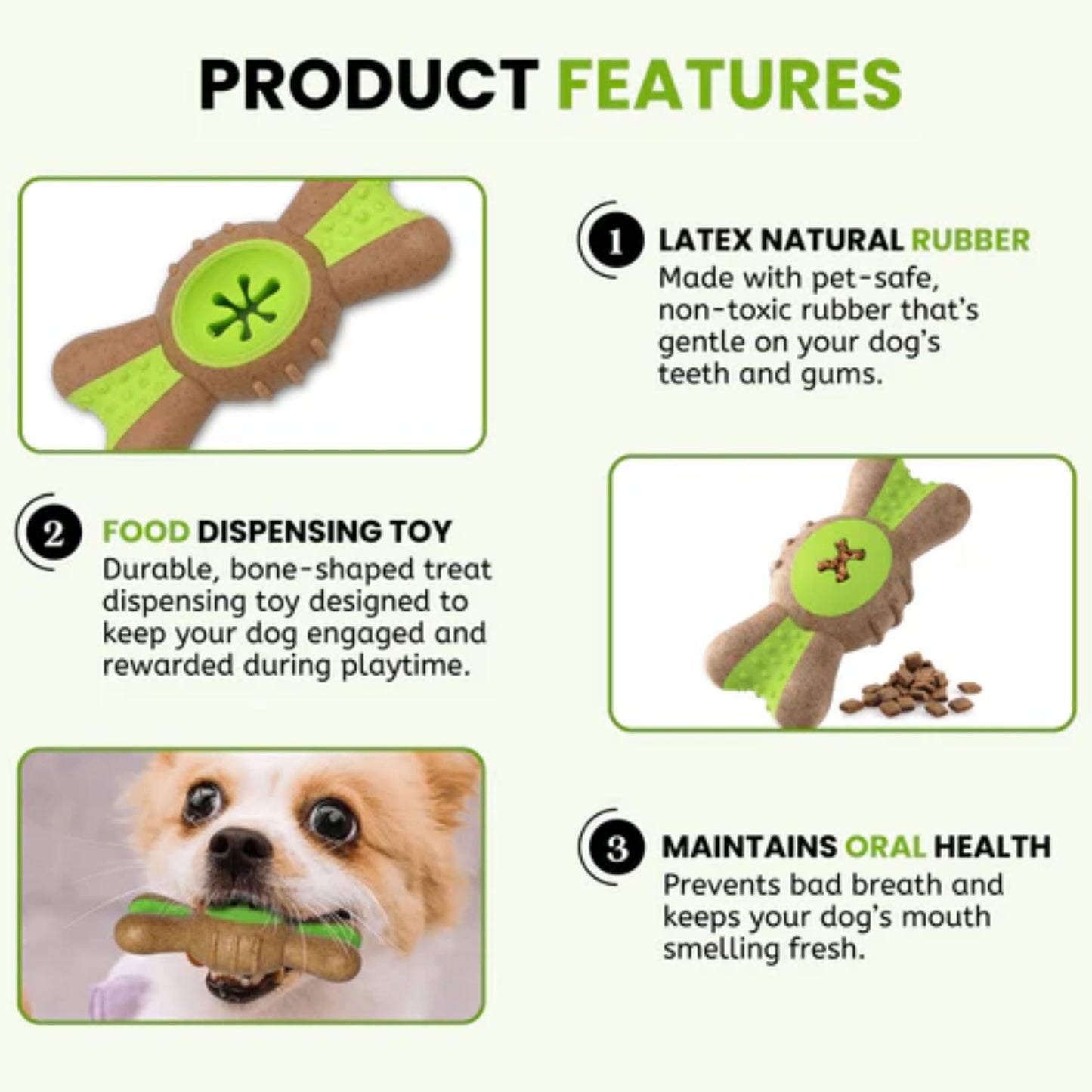 Product features of a dog toy with text on a white background