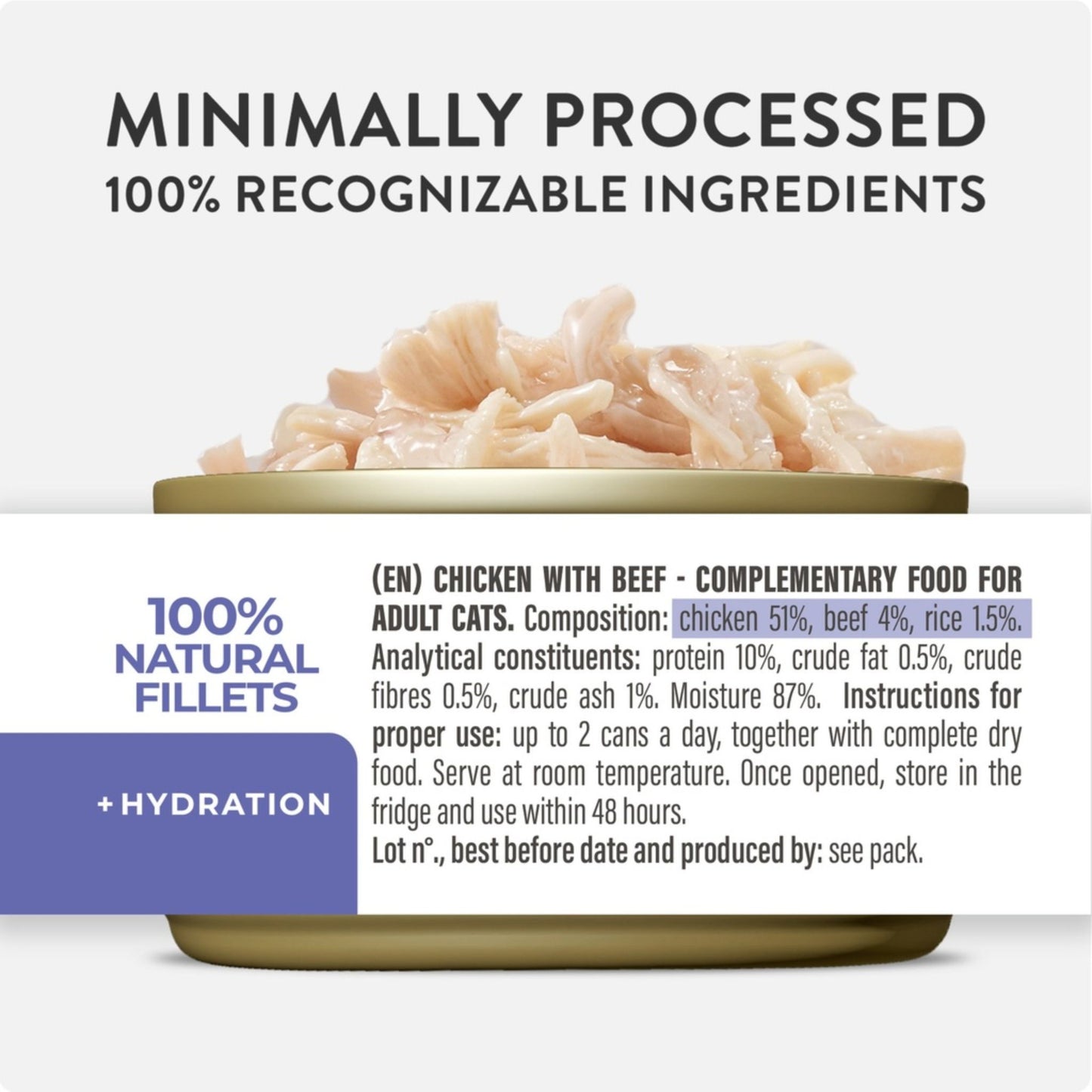 Cat food container with text about minimal processing and natural ingredients